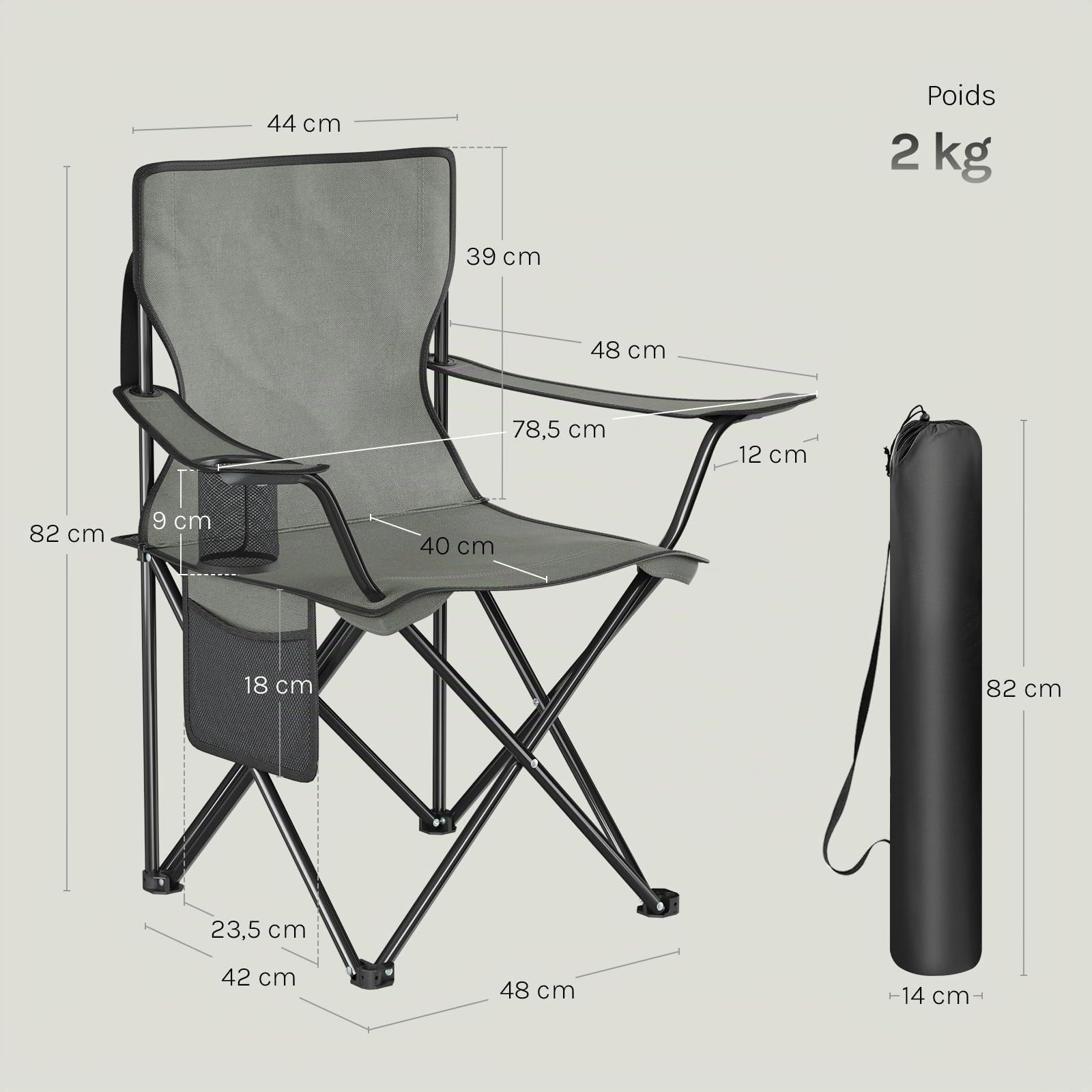 WOLTU Lot de 2 Chaises de Camping, Chaises Pliables Portables avec Porte-gobelet et Poche Latérale, Charge 120 kg, pour Camping, Pêche, Pique-Nique, Plage,Gris Foncé