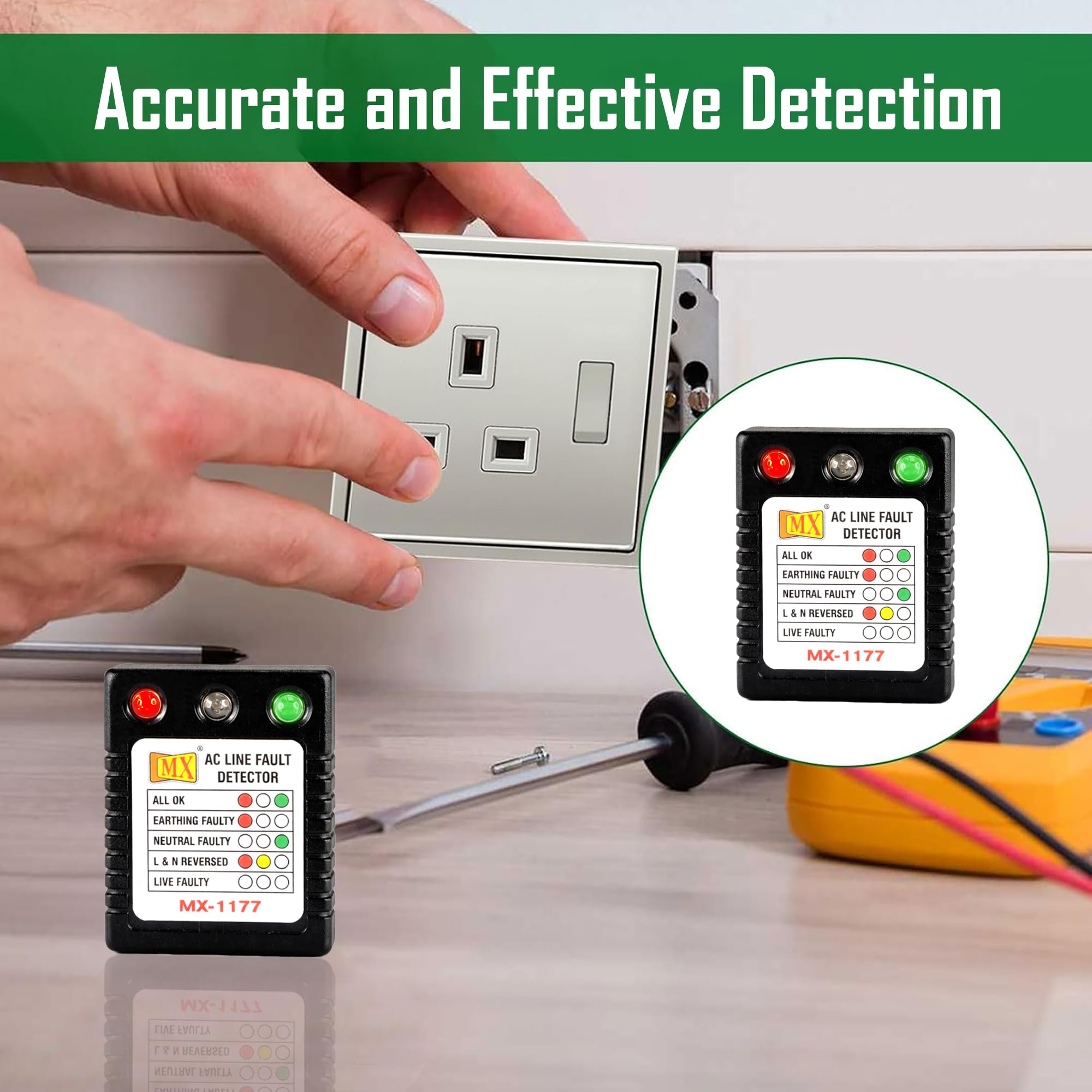 MX AC Line Fault Detector Plug Tester for UK Sockets – Auto Wire Connection Checker, 3-Way LED Indicator, Live Neutral Earth Fault Detector,13A UK Outlet Tester, Plug-in Home Wiring Inspector 1