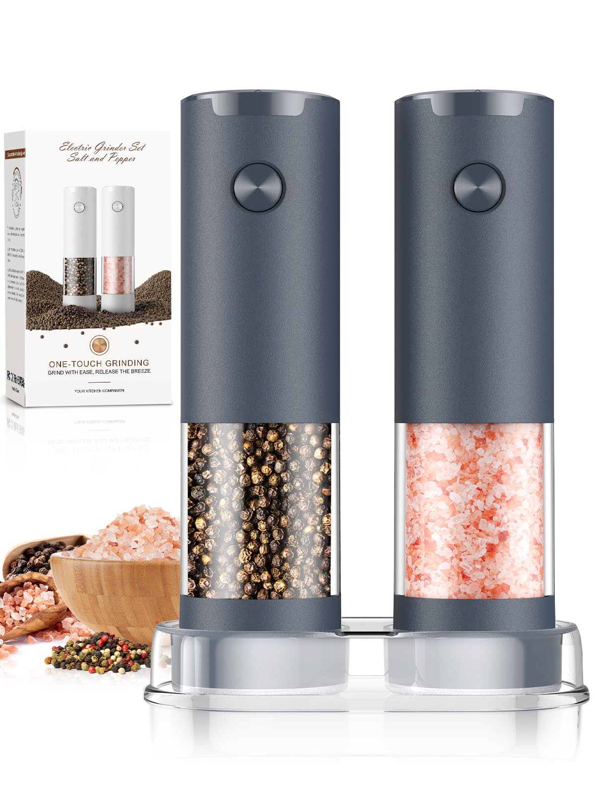 Salt and Pepper Shakers Electric Salt Pepper Grinder Set Kitchen Accessories Upgraded Larger Grey Battery Salt Pepper Grinder Shakers Cooking Birthday Gifts for Men
