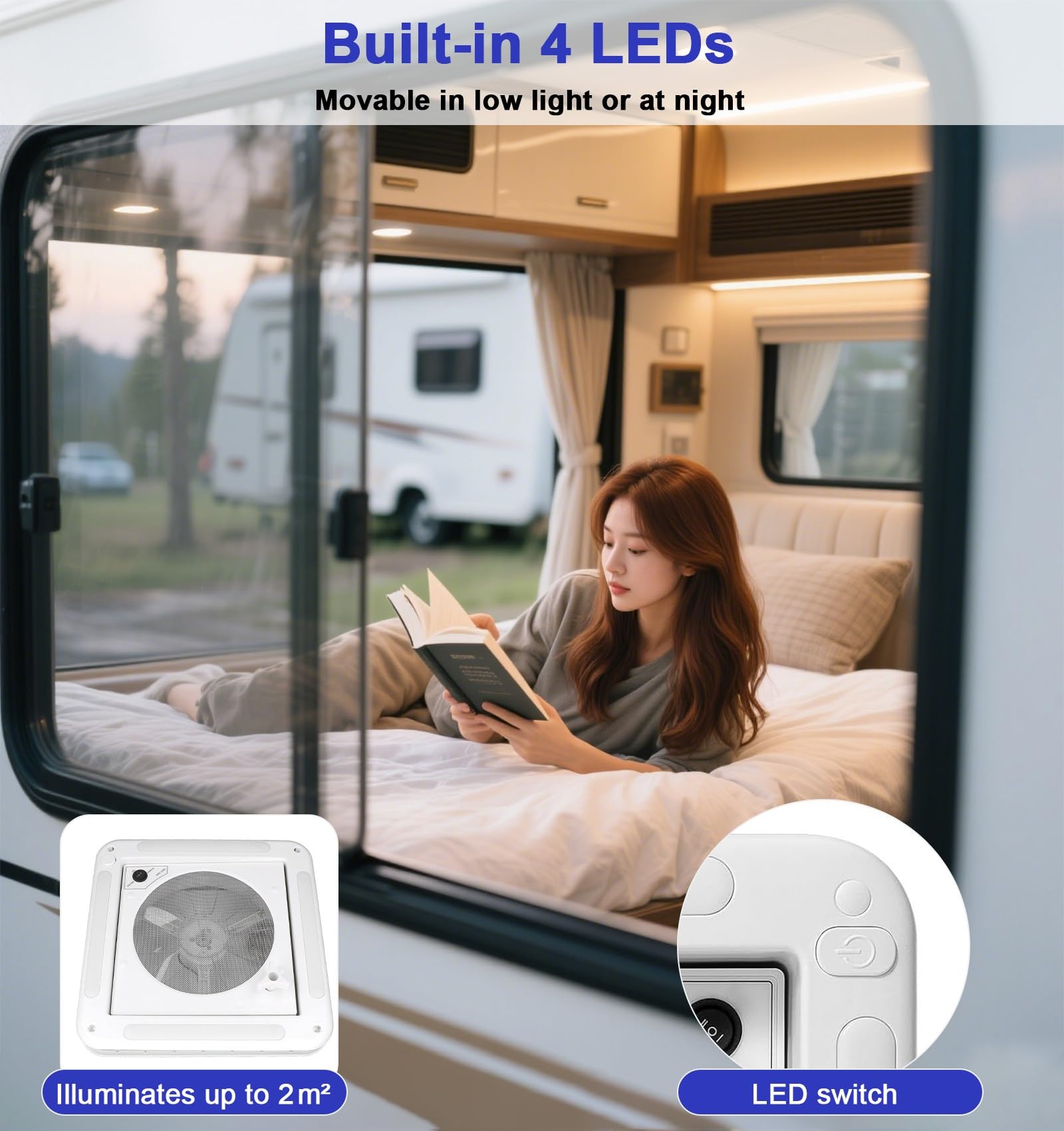 Oblò Tetto Camper con Ventilatore 28×28 / 36×36 cm, Installazione Senza Fori, Ventola ≤65dB, Impermeabile, Basso Consumo, Struttura PP/PC/ASA con LED(36cm/14.17in)