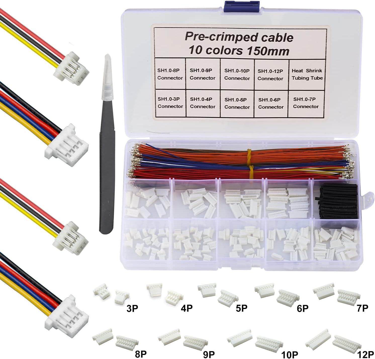 Jst SH1.0mm Connector Kit and Premium Pre-Crimped Cables，for SPRacing F3 Omnibus F4 Pro F7 Racing Drone Wire Kit，Total 140pcs sh1.0 Connectors and 10 Colors 250pcs 28AWG Cable 150mm Wire