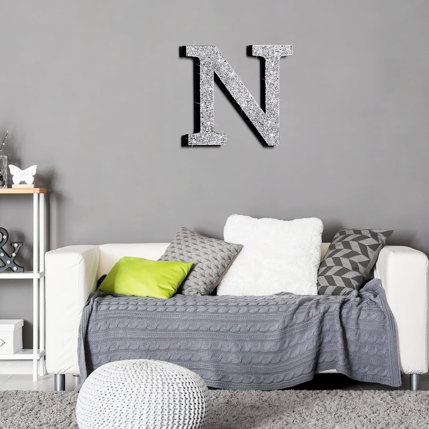Qunclay Silver Crystal Diamond Bling Letters Crushed Diamond Decoration Wooden Glitter Letter with Screw and Hooks Rhinestone Gift for Wedding Y2k Mcbling Bedroom Wall Decor(Letter N,12''l X 12"w)