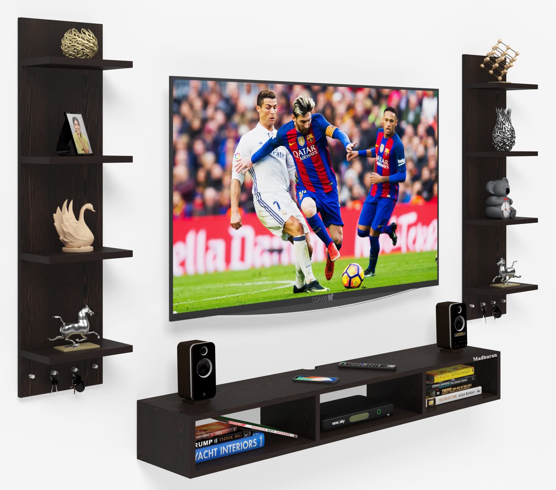 Madhuran Ridhi Engineered Wood Wall Mounted Tv Entertainment Units Large with Key Holder for Upto 55 Inch (Wenge) Home Decorative Items Living Room Bedroom Wall Mount Stand-image-46