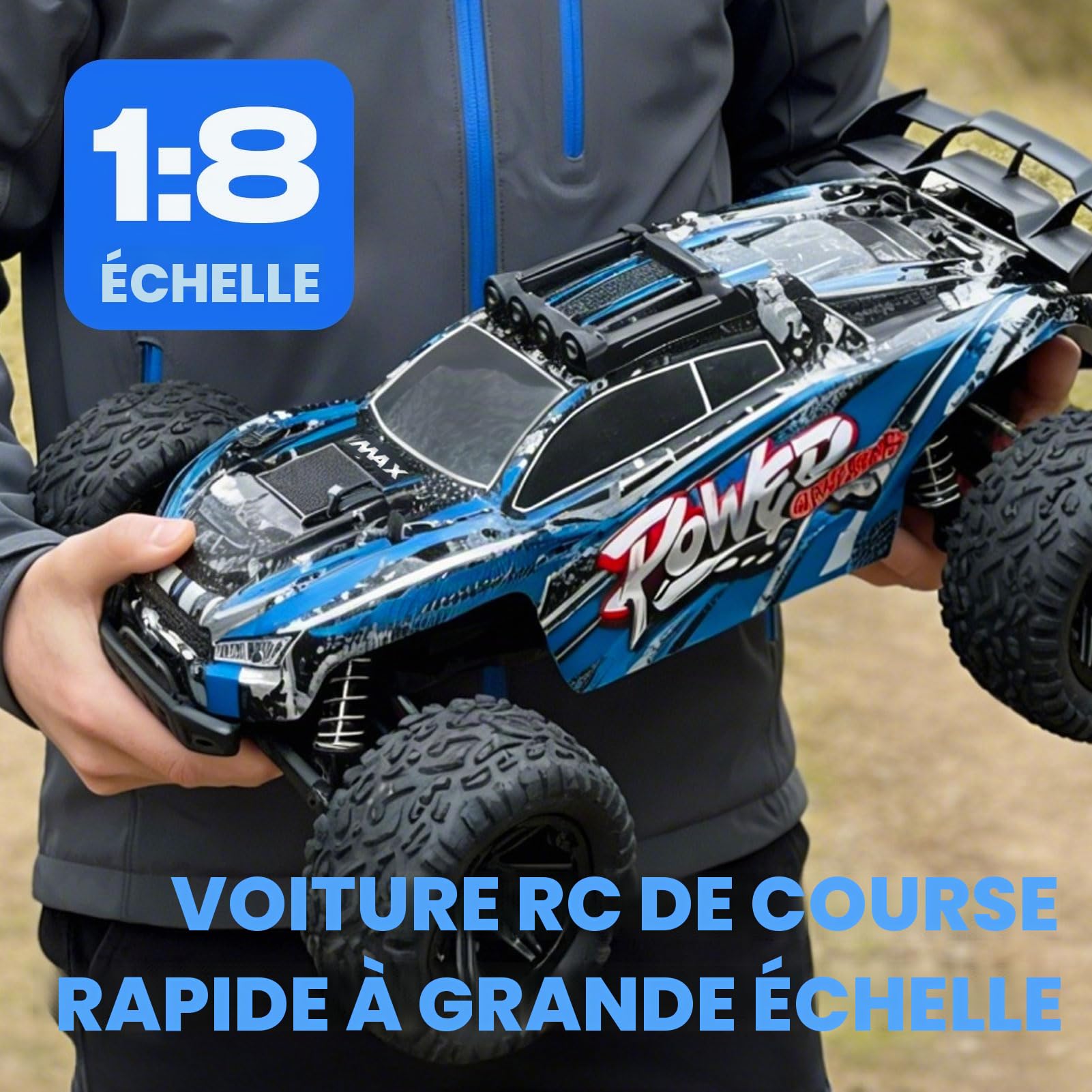 Voiture RC 1:8 50 km/h Buggy Tout Terrain Haute Vitesse | Moteur RC550, 2 batteries 7,4V 2600mAh, contrôle proportionnel 2,4G, éclairage LED, véhicule télécommandé pour adultes