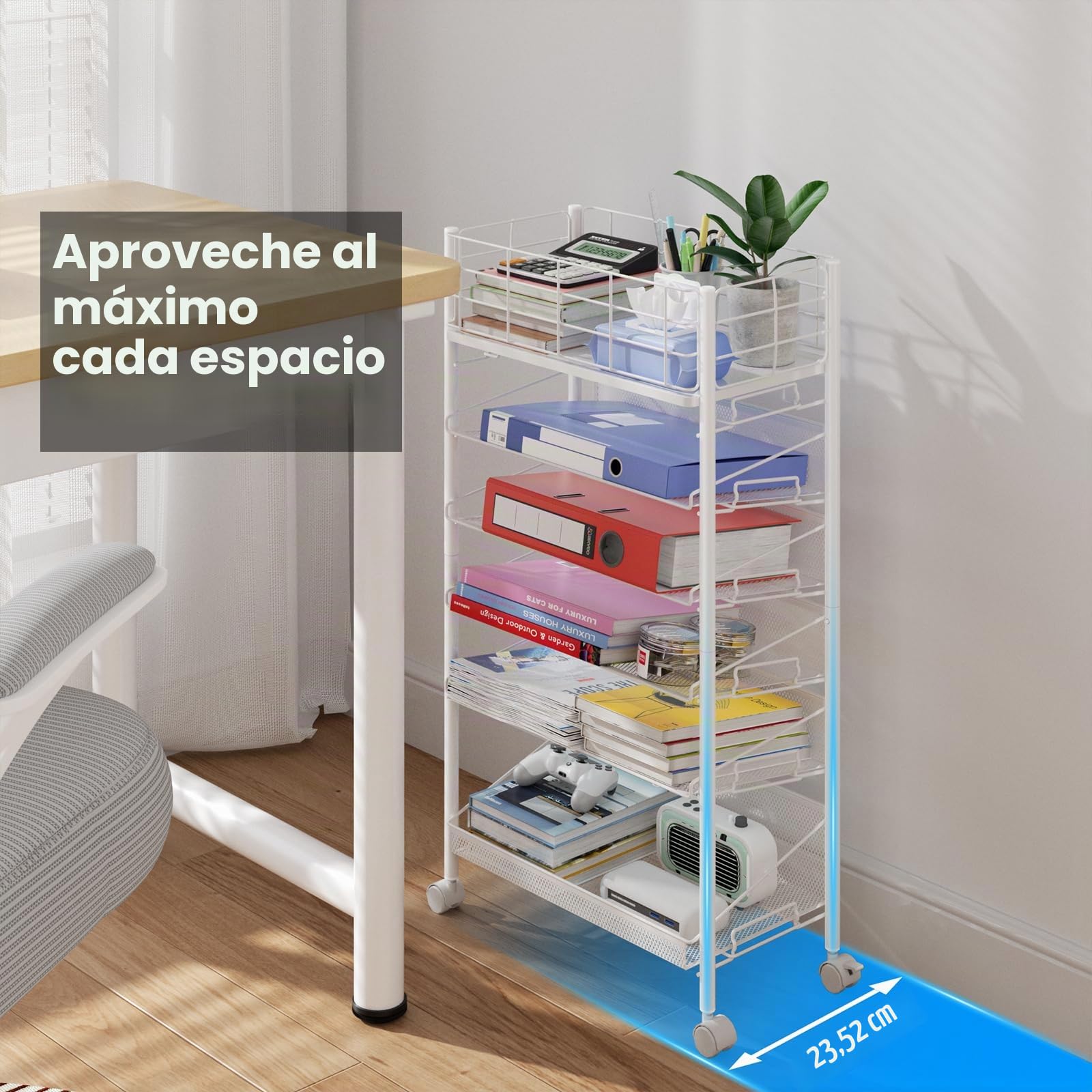Carrito móvil de archivos con ruedas, carro de archivos de metal de 6 niveles para junto al escritorio, carrito de libros móvil con ruedas para oficina, hogar, escuela, biblioteca, sala de profesores