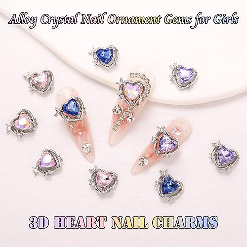 Miniatura 5 de RODAKY Dijes de uñas de corazón 3D, 12 piezas de aleación de metal plateado, arte de uñas, diamantes de imitación en forma de corazones, gemas de