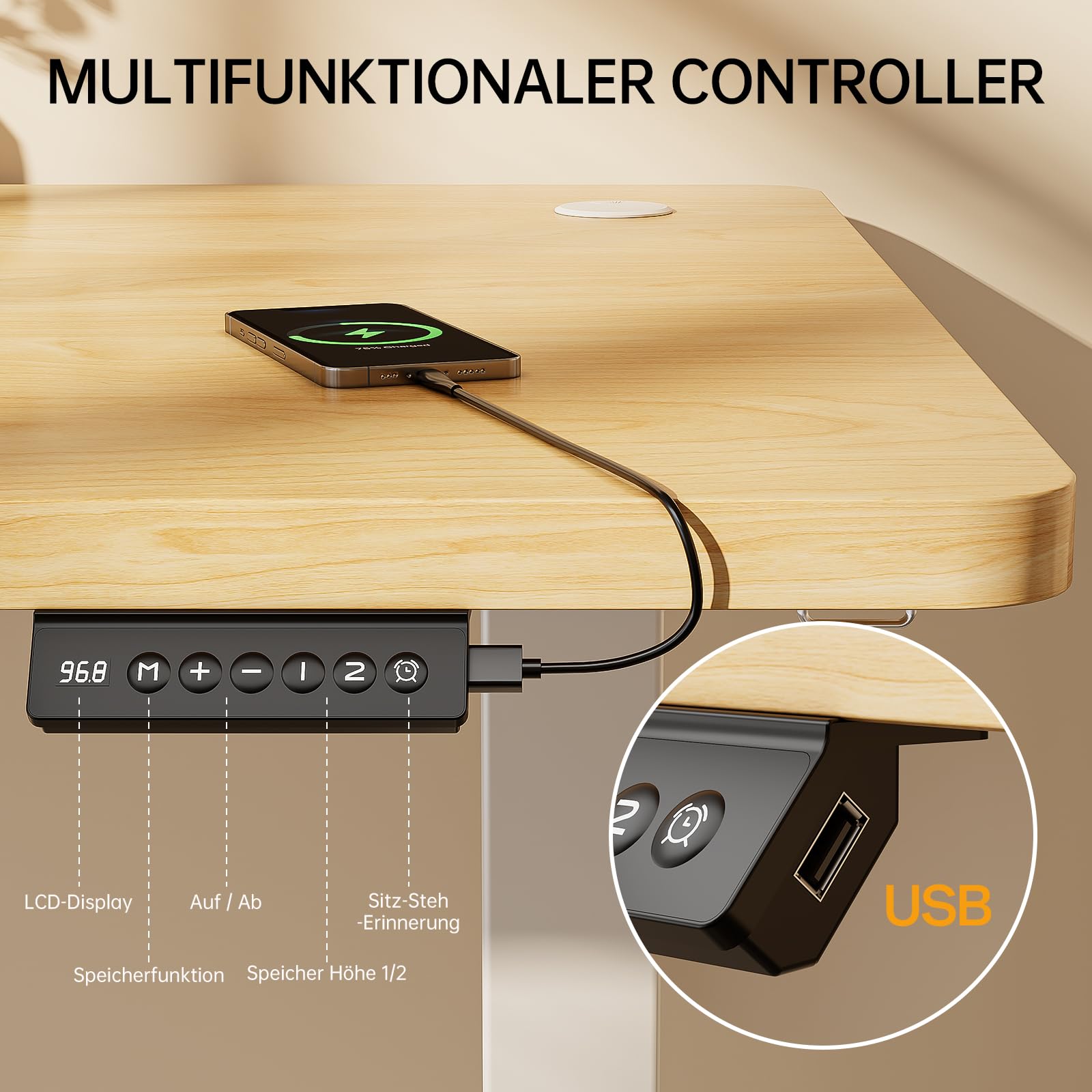 Homall Höhenverstellbarer Schreibtisch mit USB-Buchse 140x60 cm, Computer Stehschreibtisch, Ergonomischer Homeoffice-Tisch (140x60cm, Beige)