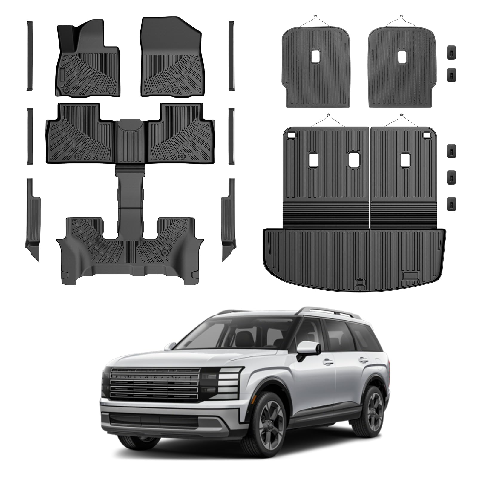 Palisade Floor Mats - Car Mats for Hyundai Palisade 7 Seats 2026 (Only Fit Gas), All Weather Floor Mats Cargo Liner with Backrest Mat and Door Sill Guards for Palisade Accessories