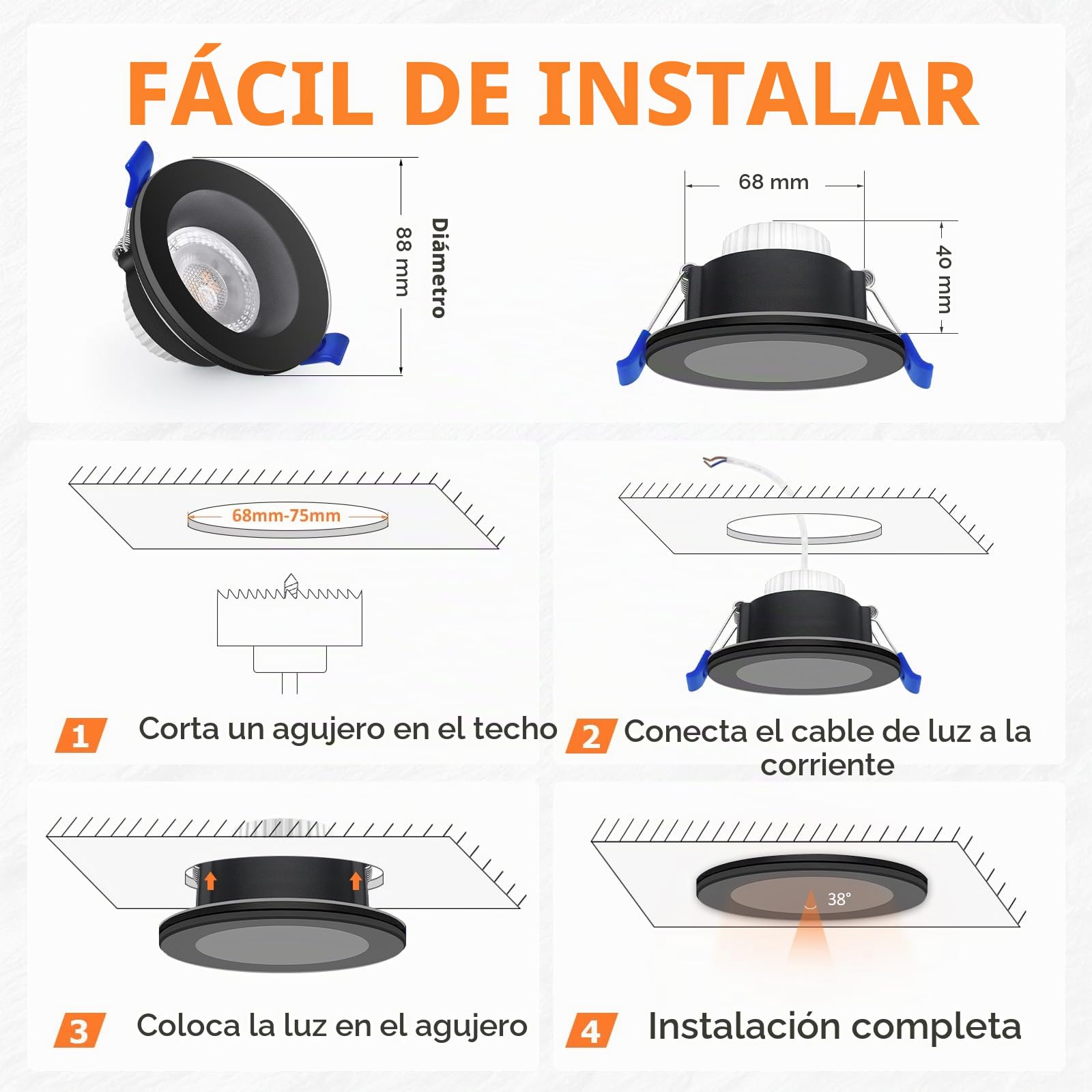 KYOTECH Foco LED Empotrable 230V 5W IP65 68-75 mm 3000K 6PCS Negro | 500LM Downlight LED Techo Empotrable Luz Blanca Cálida para Baño Cocina Salón