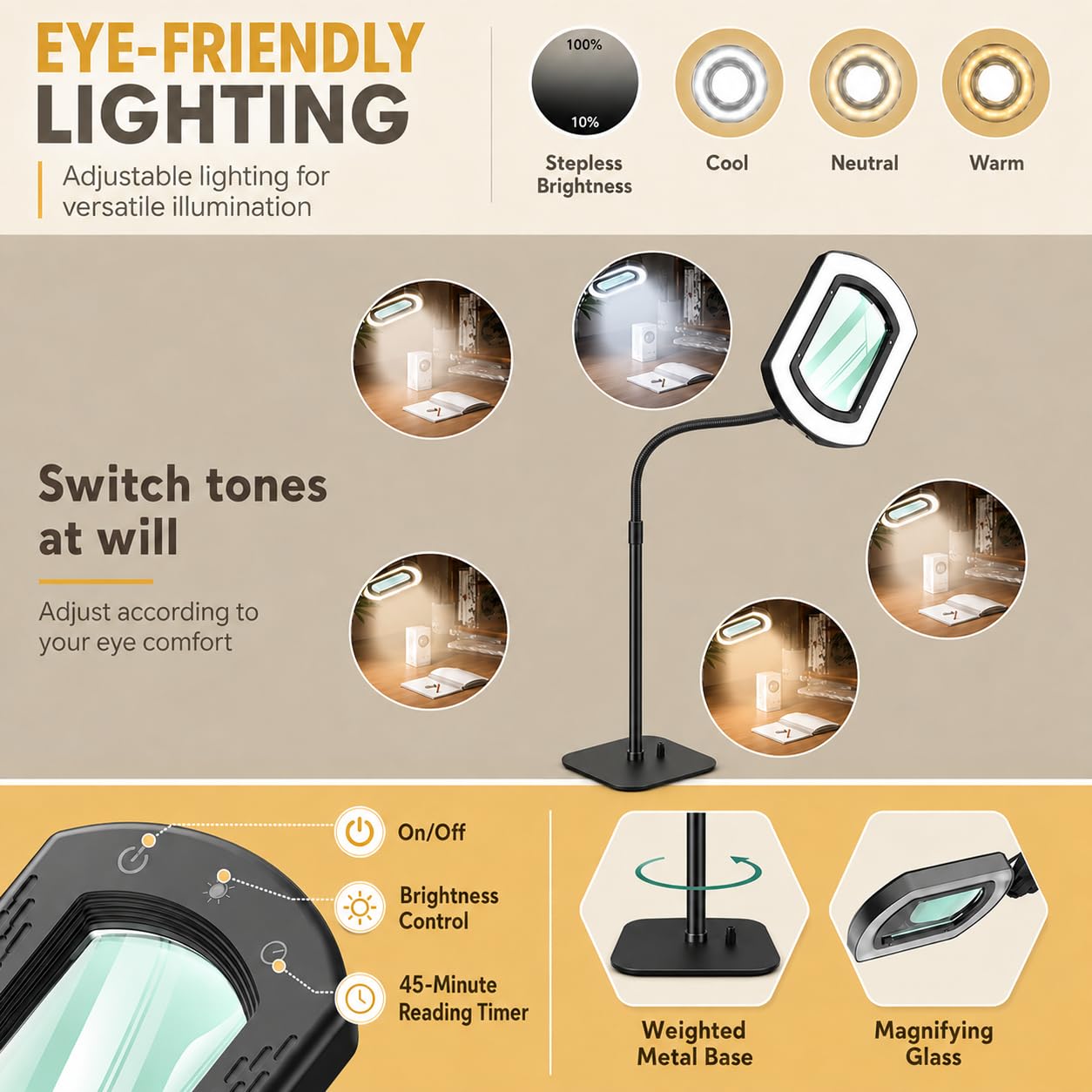 Lente d'ingrandimento 10x con luce, lampada da terra 3 in 1, lente d'ingrandimento in 5 colori per anziani, ideale per la lettura, la pittura, l'arte, l'artigianato, il cucito e i lavori di precisione