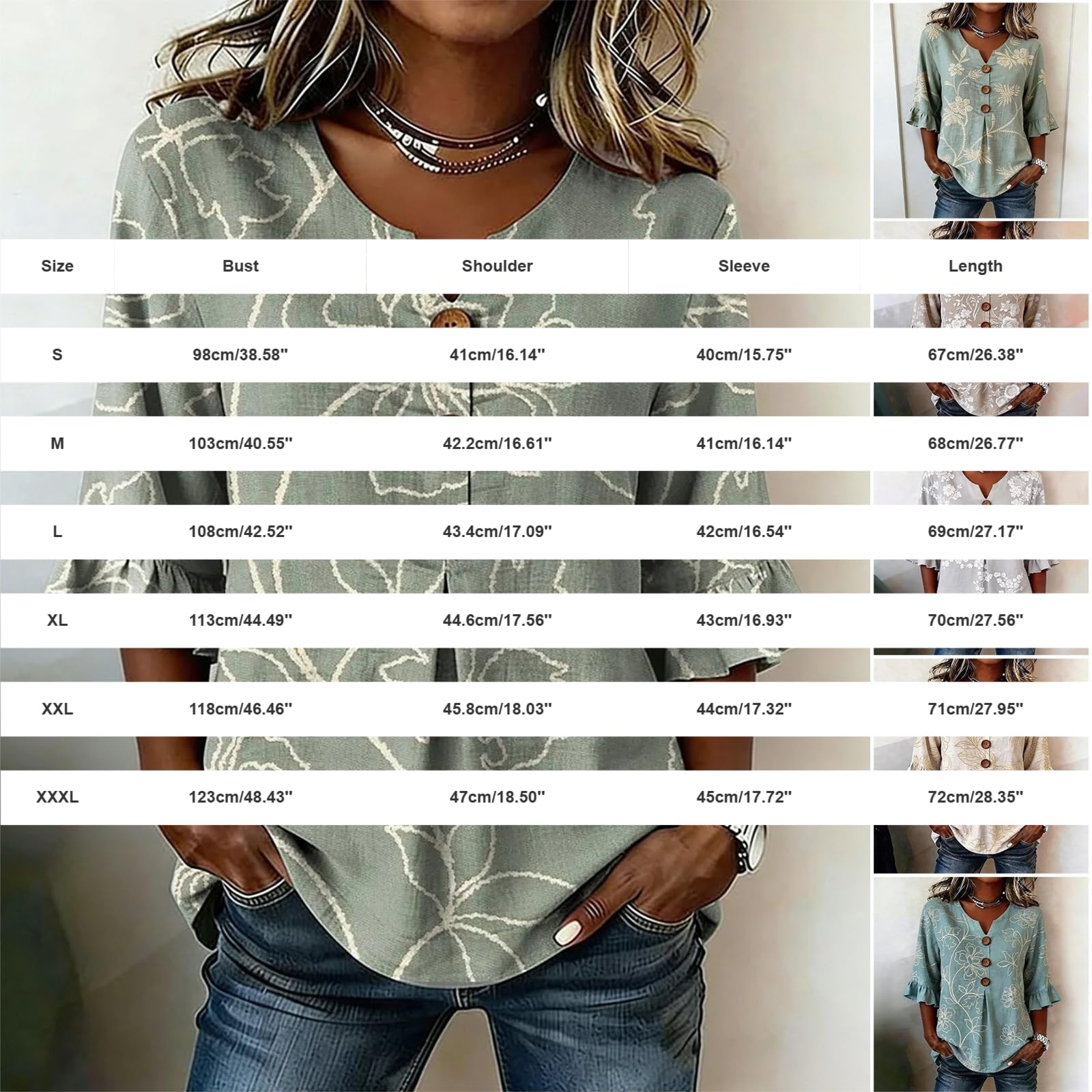 Chemise Femme Lin Coton Chic et Elégant Manche 3/4 Col V Boutonné Blouse Chemisier Haut Lâche Respirant D'Été à Manches Volantées à Imprimé Floral T-Shirts Bohème Top Léger Casual Ample de Plage