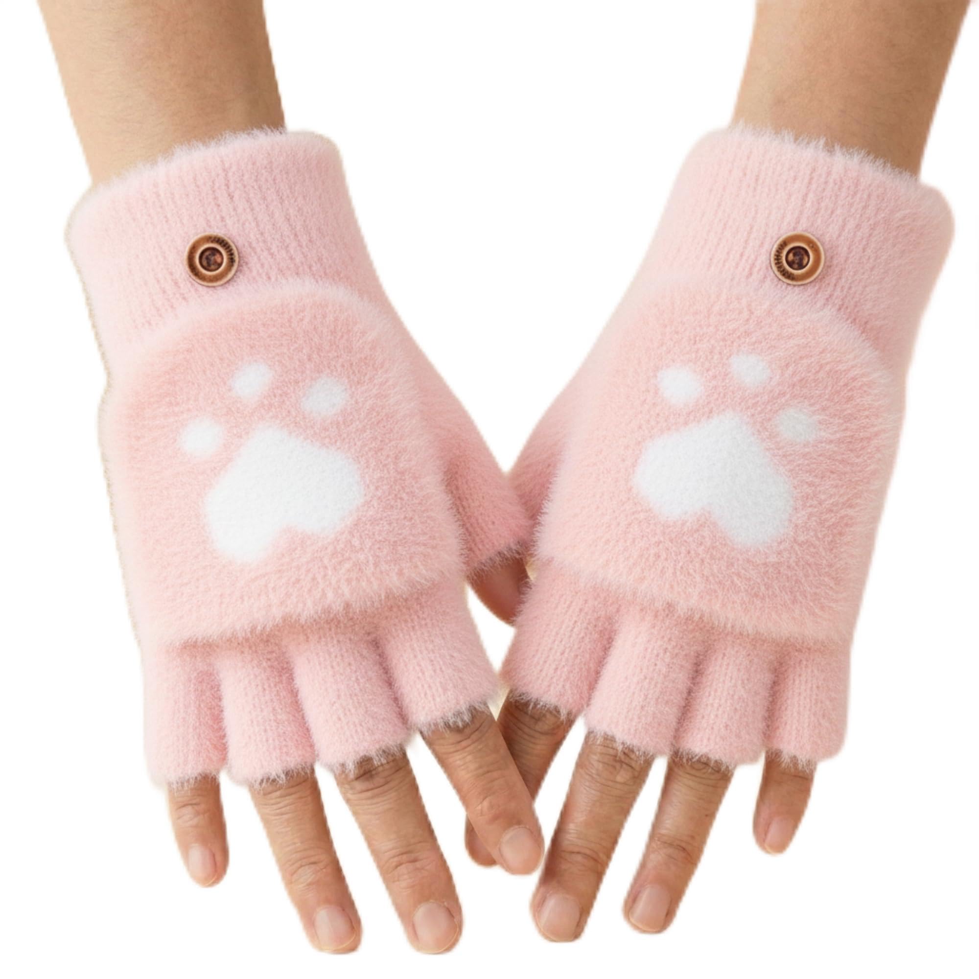 Cute Cat Paw Winter Gloves for Women & Girls – Fluffy Convertible Fingerless Mittens with Warm Flip-Top Flap – Soft Plush Thermal Hand Warmer for Cold Weather (Free Size, Pink)-v-image-25