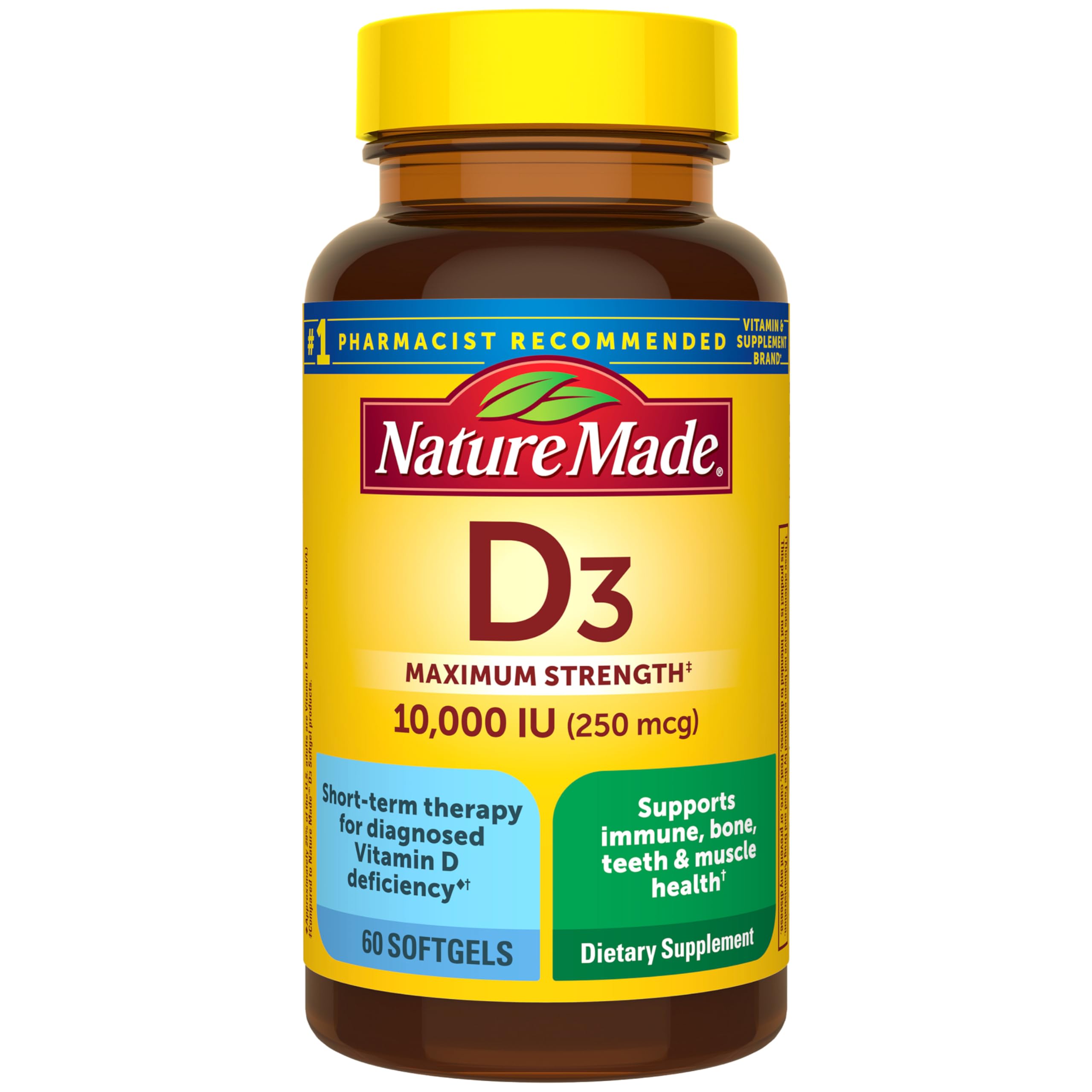 Nature Made Maximum Strength Vitamin D3 10000 IU (250 mcg), Dietary Supplement for Bone, Teeth, Muscle and Immune Health Support, 60 Softgels, 60 Day Supply