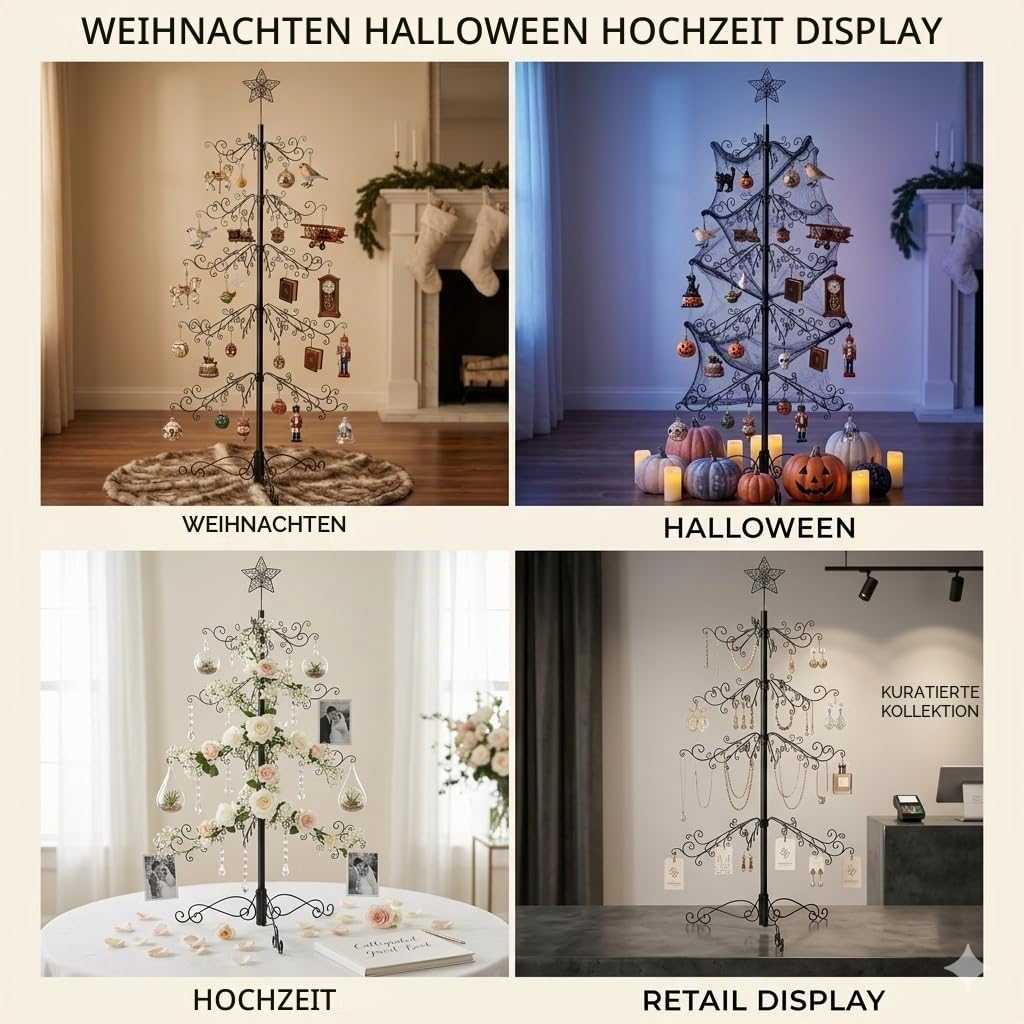 HOHIYA Metall Weihnachtsbaum 196 cm Schwarz Kugelhalter Modern | Moderne alternative Tannenbaum-Dekoration für Kugeln, Kristalle und festliche Innenraumgestaltung ohne Nadeln oder Pflege.
