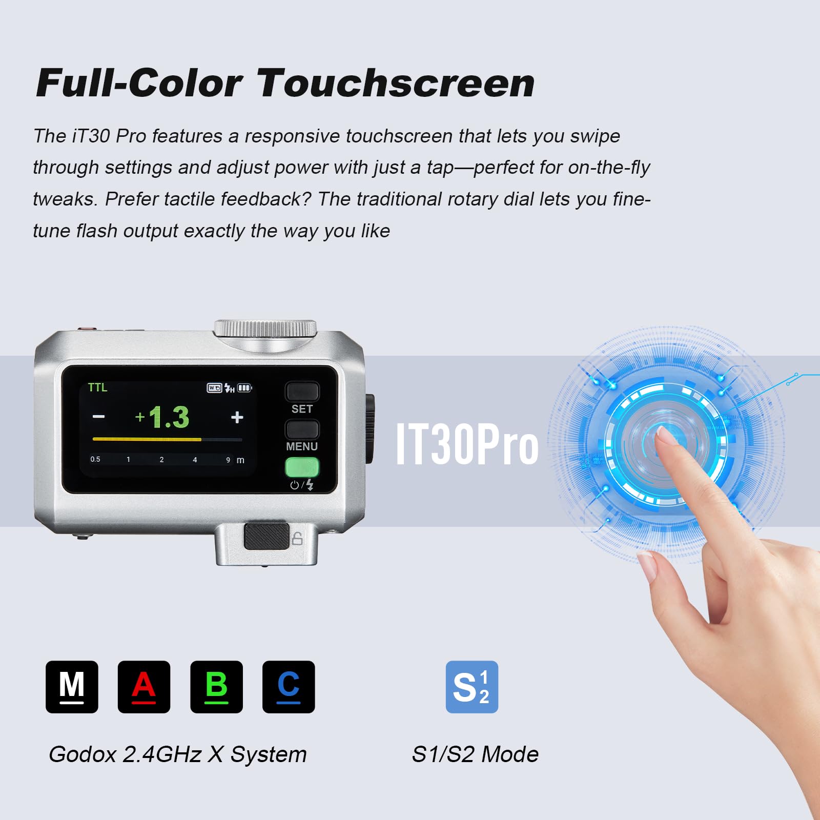 Godox iT30Pro-F iT30Pro F Mini KameraBlitz mit Weißem Diffusor Speedlite Camera Flash 560 Blitze bei Voller Wireless Master & Receiver Leistung 2.4G TTL Touchscreen für Fuji Kamera DSLR(Silber)