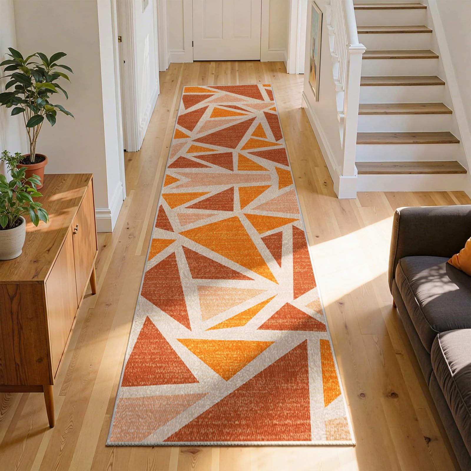 WAOTMN Geometric Runner Rug for Entryway,100x300cm,Orange Long Hallway Runners Non-Slip Machine Washable Runner Kitchen Rug for Living Room Hall Runners Laundry Room Long Door Mat