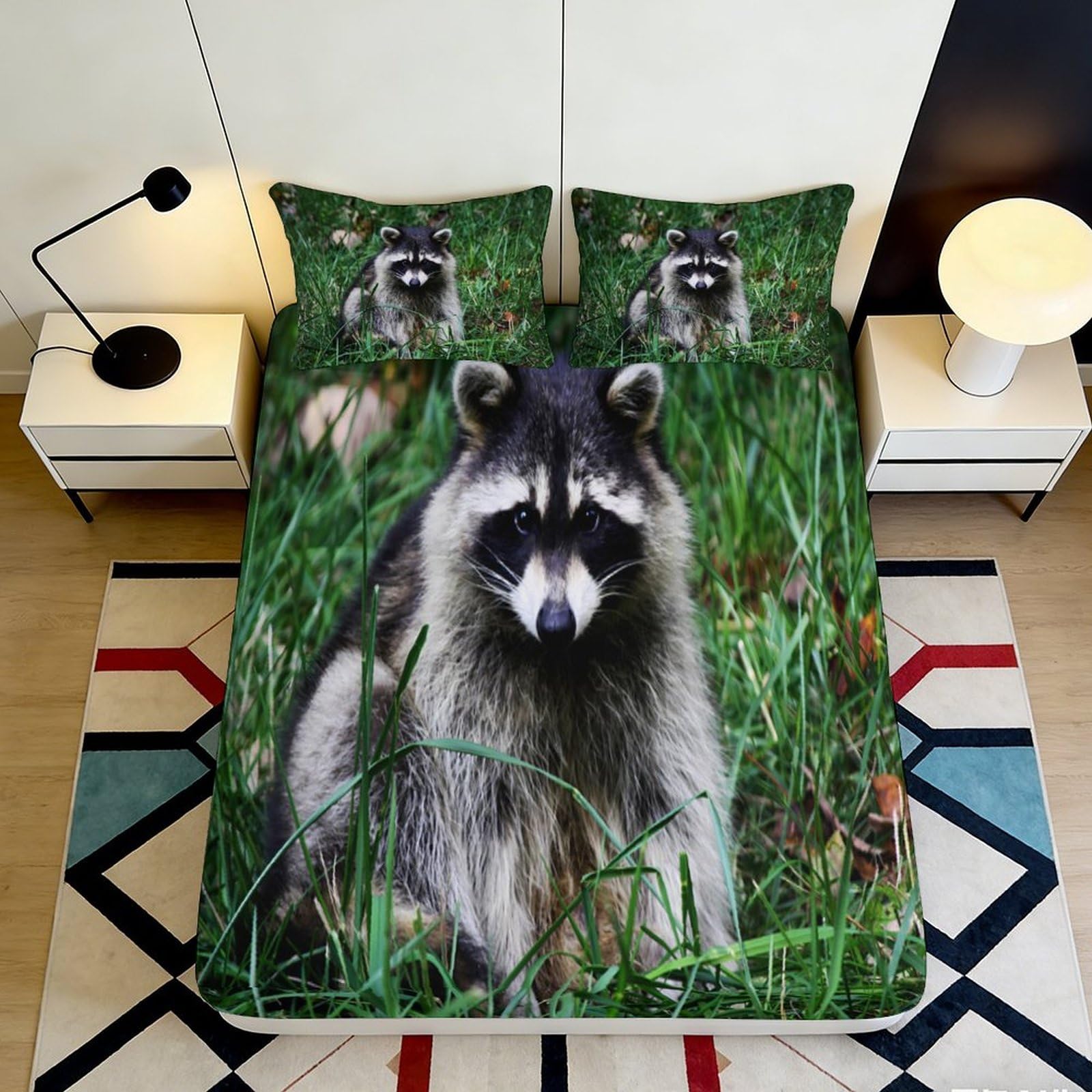 3D Printed Raccoon Pattern Fitted Sheet Microfiber Deep Pocket Non-Slip Bedroom Bedding Raccoon Mattress Fitted Cover Washable 90x200x25cm