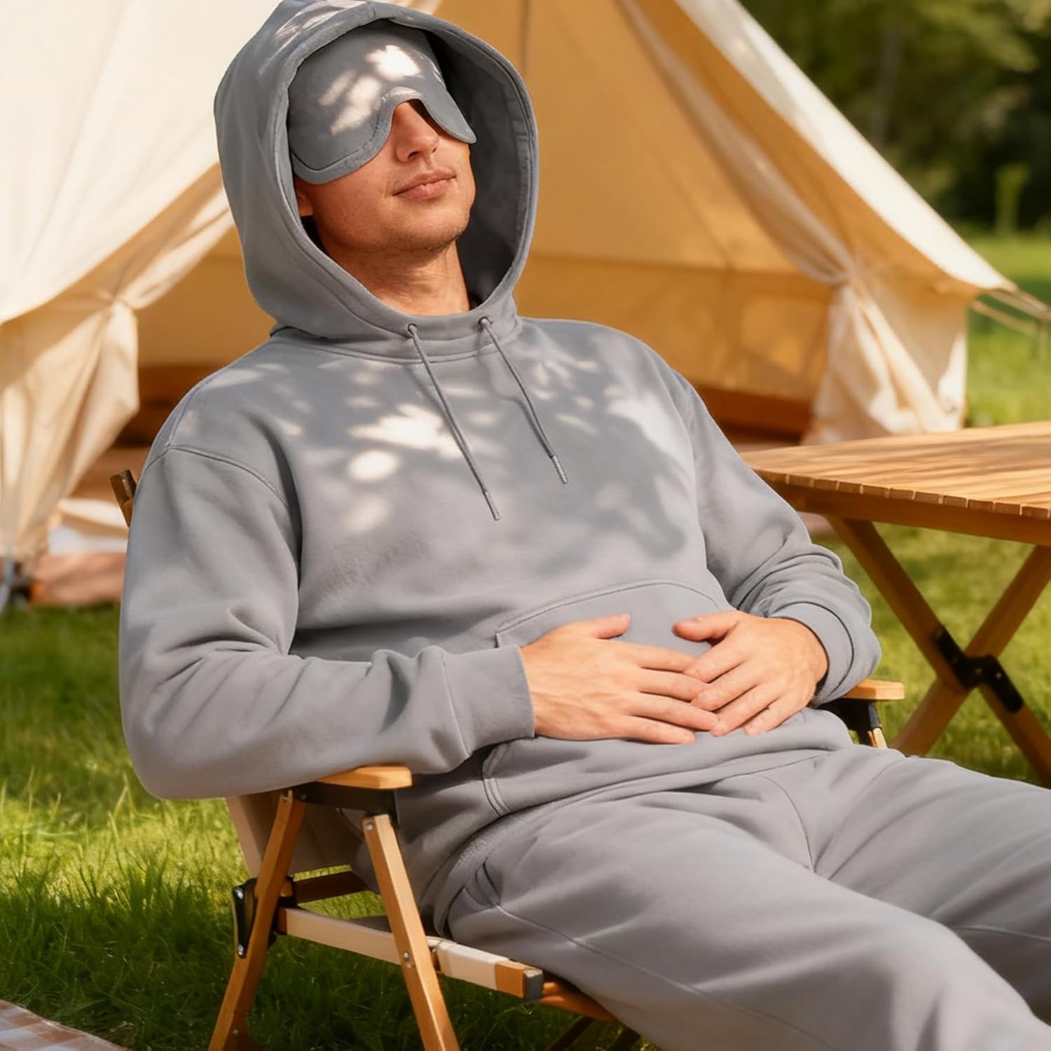 Ainangua Mens Oversized Pullover Essentials Hoodie with Eye Mask Built In Comfor Airplane Mode Travel Sleep Wearable Blanket