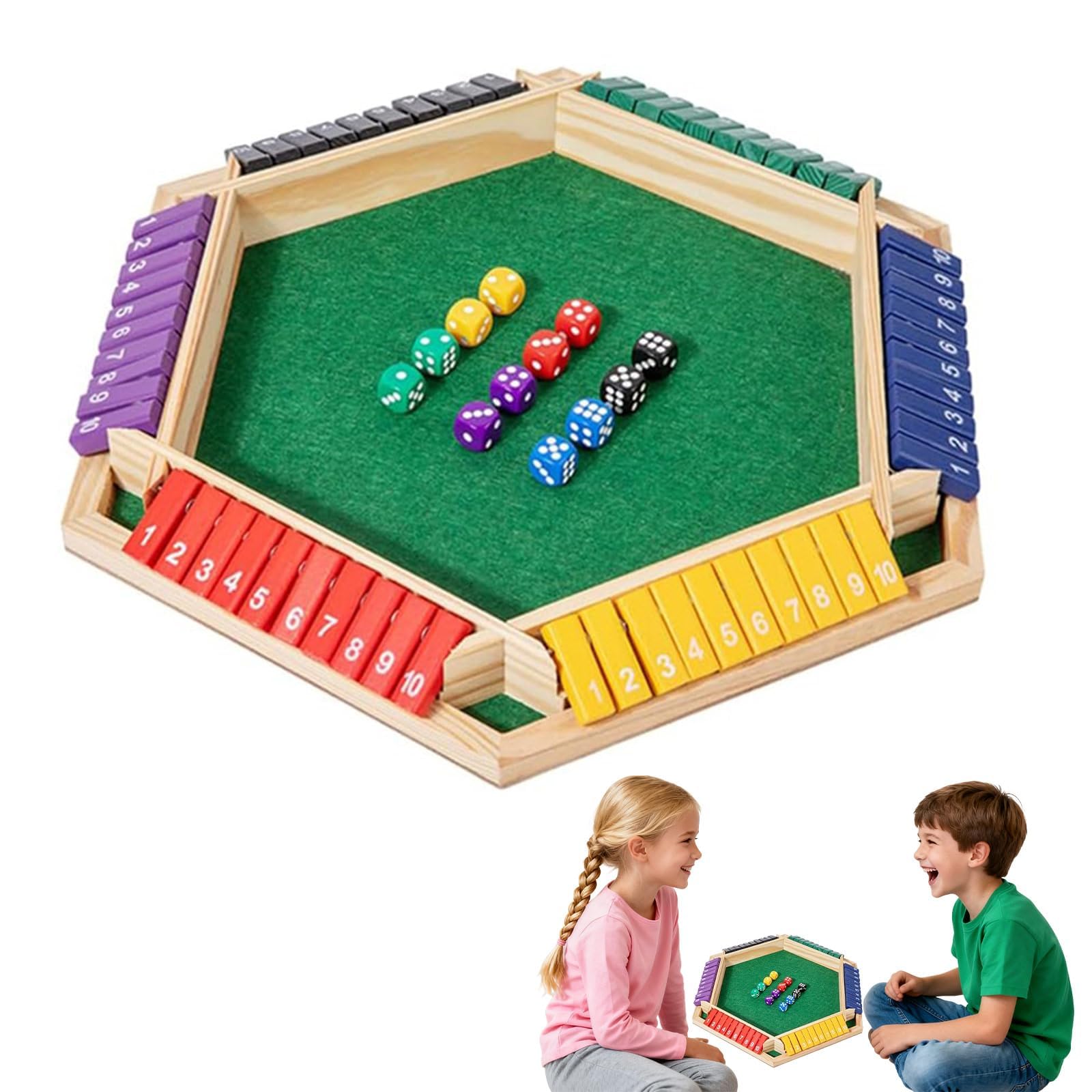 Close the Box Dice Game, a 6-player wooden board game with dice, a classic family math game suitable for adults and children, a portable travel game suitable for bars and families (colorful)