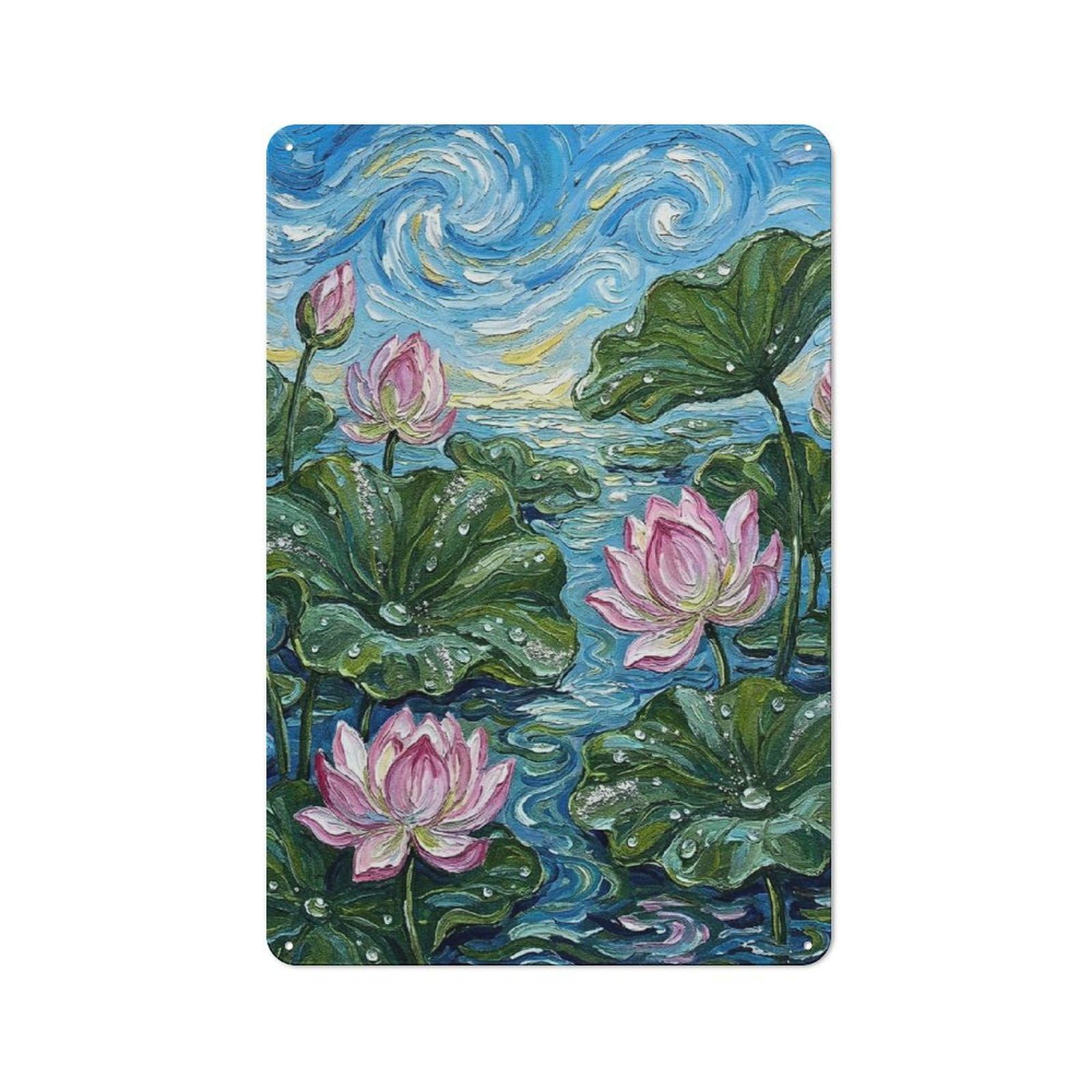 Junmoney Style-16 Impressionist Lotus Pond Painting Tin Wall Sign 30X20cm, Loft Style Industrial Wall Decor For Loft, Studio, Office Or Creative Room