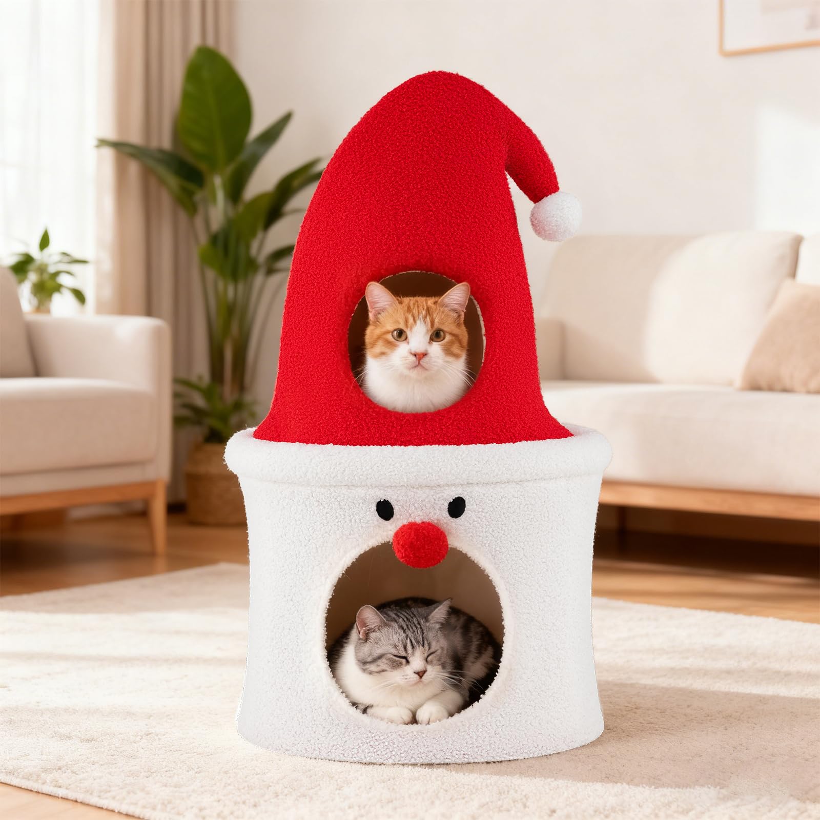 COSTWAY Árbol de Navidad para Gatos, 75 CM Torre para Gatos en Forma de Papa Noel con Percha Superior Acolchada, Condominio, Suave Cojín de Felpa, Casa Gato de Interior para Decoración Navideña