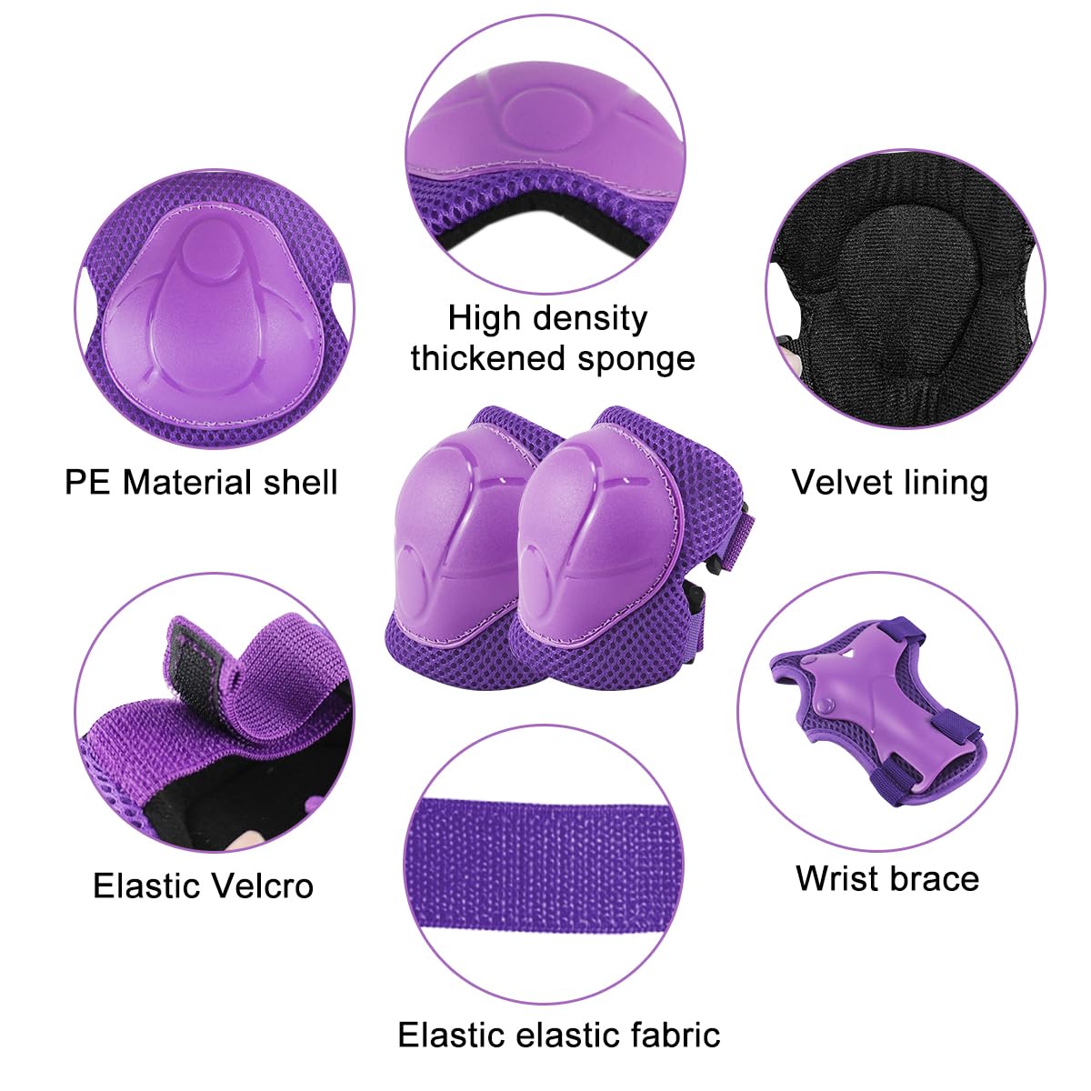 Protezioni Skateboard Bambini,Set di Protezioni Skateboard Bambini,Protezioni Skateboard Bambino,6-in 1 per Skateboarding,Pattinaggio Ruota Della Barca,Biciclette,Pattinaggio,Ciclismo(Viola)