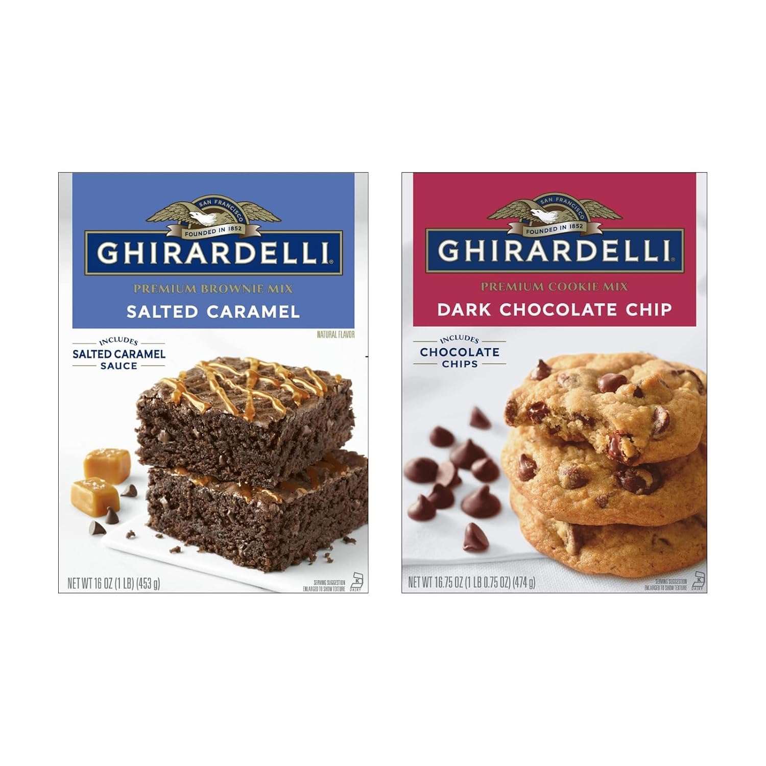 Ghirardelli Brownie & Cookie Mix Variety Pack – Dark Chocolate Chip Cookie Mix (16.75 oz) & Salted Caramel Brownie Mix (16 oz), 2 Count (Variety Pack)