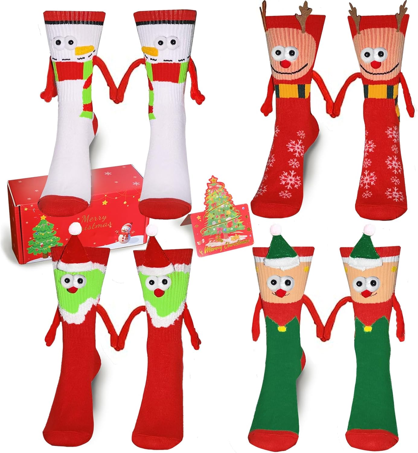 Magnetic Christmas Socks, 4 Pairs Funny Hand Holding Socks, Christmas Stocking Stuffers for Women Men Couples, White Elephant Exchange Gifts, Xmas Stocking Stuffers, Secret Santa Gag Gifts