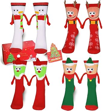 Magnetic Christmas Socks, 4 Pairs Funny Hand Holding Socks, Christmas Stocking Stuffers for Women Men Couples, White Elephant Exchange Gifts, Xmas Stocking Stuffers, Secret Santa Gag Gifts