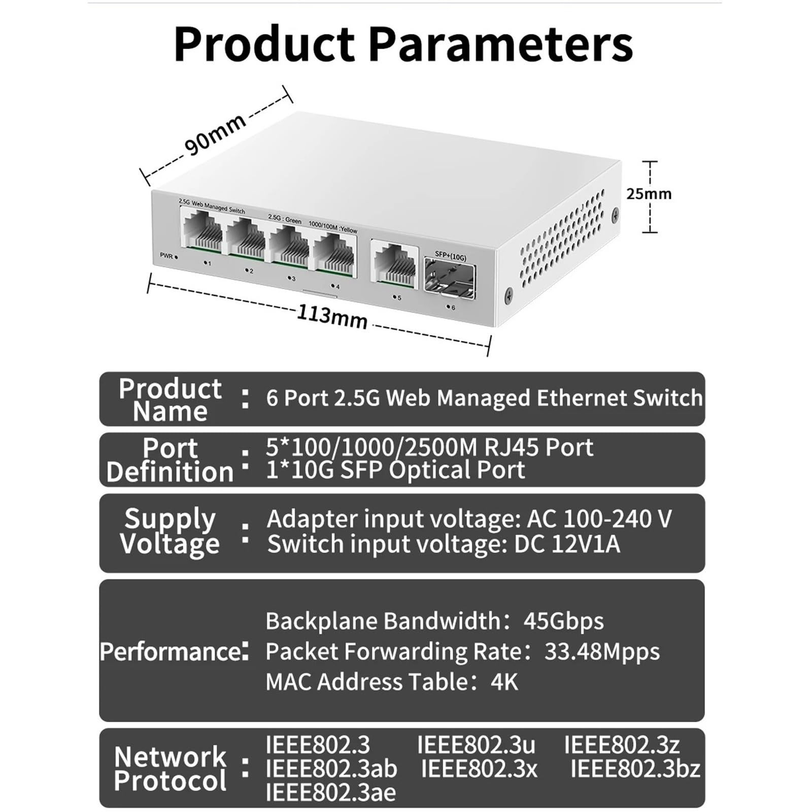 Przełącznik przemysłowy 2,5 GbE Zarządzany przełącznik 5 5 5 Port 2500 Mb/s 10G SFP+gniazdo sieciowe (adapter US)