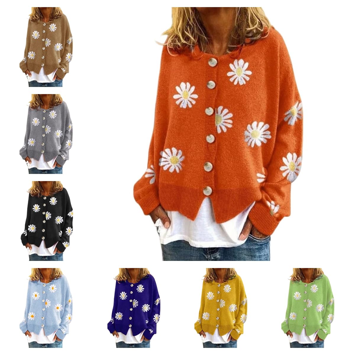 Cárdigans De Mujer Cárdigan Corto De Punto Floral para Mujer, Manga Larga, Cierre De Botones En La Parte Delantera, Cuello Redondo, Ideal para Un Look Casual Y Coqueto con Estampado De Margaritas, PE