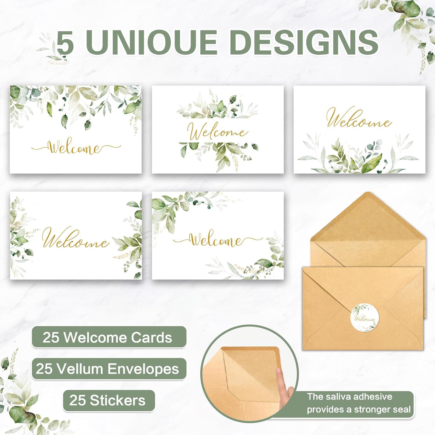 25 Pack 4x6In Welcome Cards for Guests, New Employees with Envelopes, 5 Elegant Green Leaf Designs Greeting Bulk Cards for Business, New Home, Wedding, Baby Shower, Hotels, Birthday - Image 4