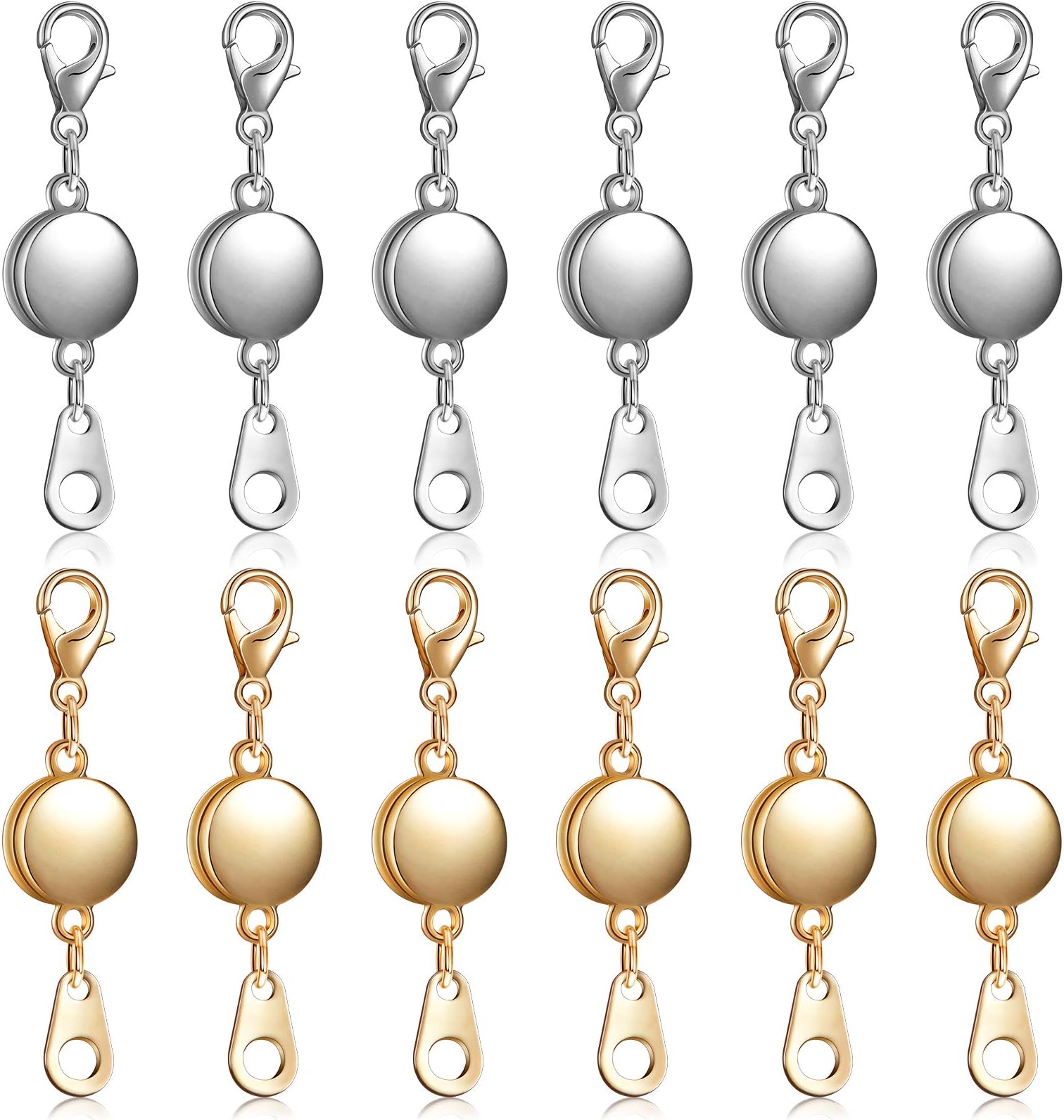 Hicarer 12 Pieces Locking Magnetic Necklace Clasp Round Necklace Extenders Magnetic Jewelry Clasps Closures Bracelet Extender for Jewelry Making (Gold, Silver)