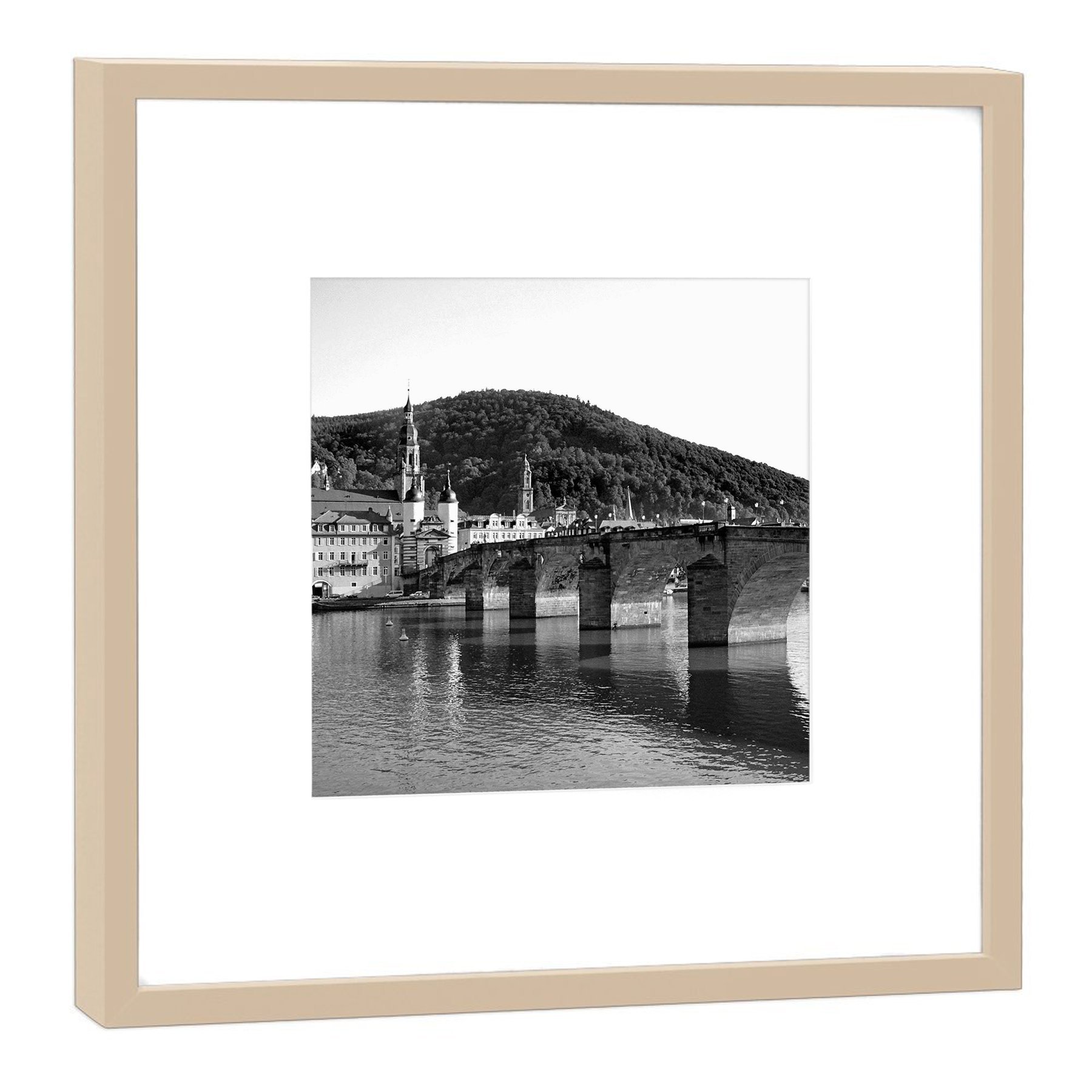 Vieux pont de Heidelberg en photo : cadre en bois beige 52x52 cm pour salon zen