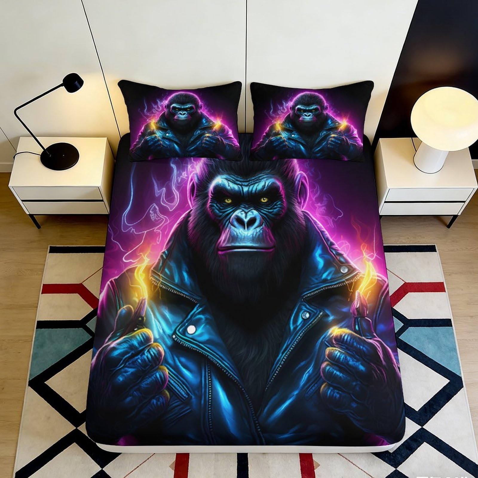 3D Printed Neon Gorilla Fitted Sheet Microfiber Soft Breathable Cyberpunk Ape Bed Cover for Bedroom Decor Protection 90x200x25cm
