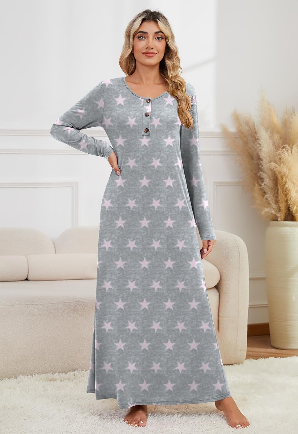 DouBCQ Nightgowns for Women Long Sleeve Button House Dress Soft Full Length Sleepwear with Pockets - Image 4