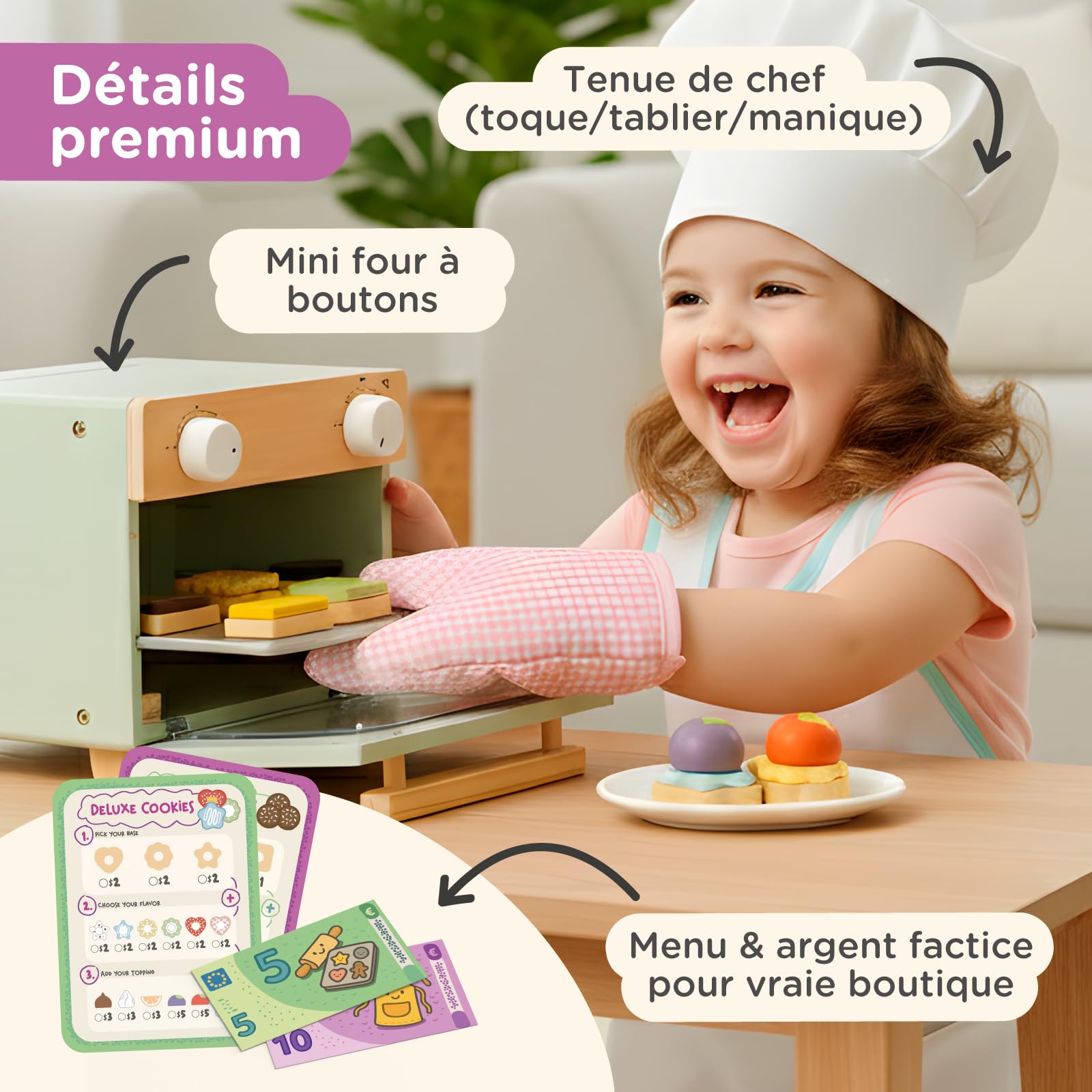 Nene Toys Pâtisserie de Biscuits en Bois pour Enfants dès 3 Ans – Coffret Complet avec Mini Four, Menu, Biscuits & Argent Factice – Jeu d’Imitation Éducatif & Premiers Calculs – Cadeau 3–6 Ans