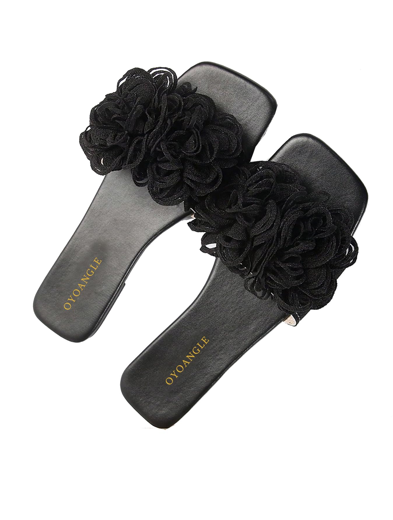 OYOANGLE Women's 3D Floral Flat Sandals Square Open Toe PU Leather Slip on Slides