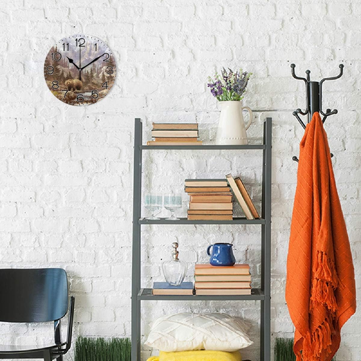 ALAZA Grizzly Bear Wall Clock Battery Operated Non Ticking Silent Quartz Analog Rustic Farmhouse Round Clock Retro Decor for Home Kitchen Living Room Bathroom