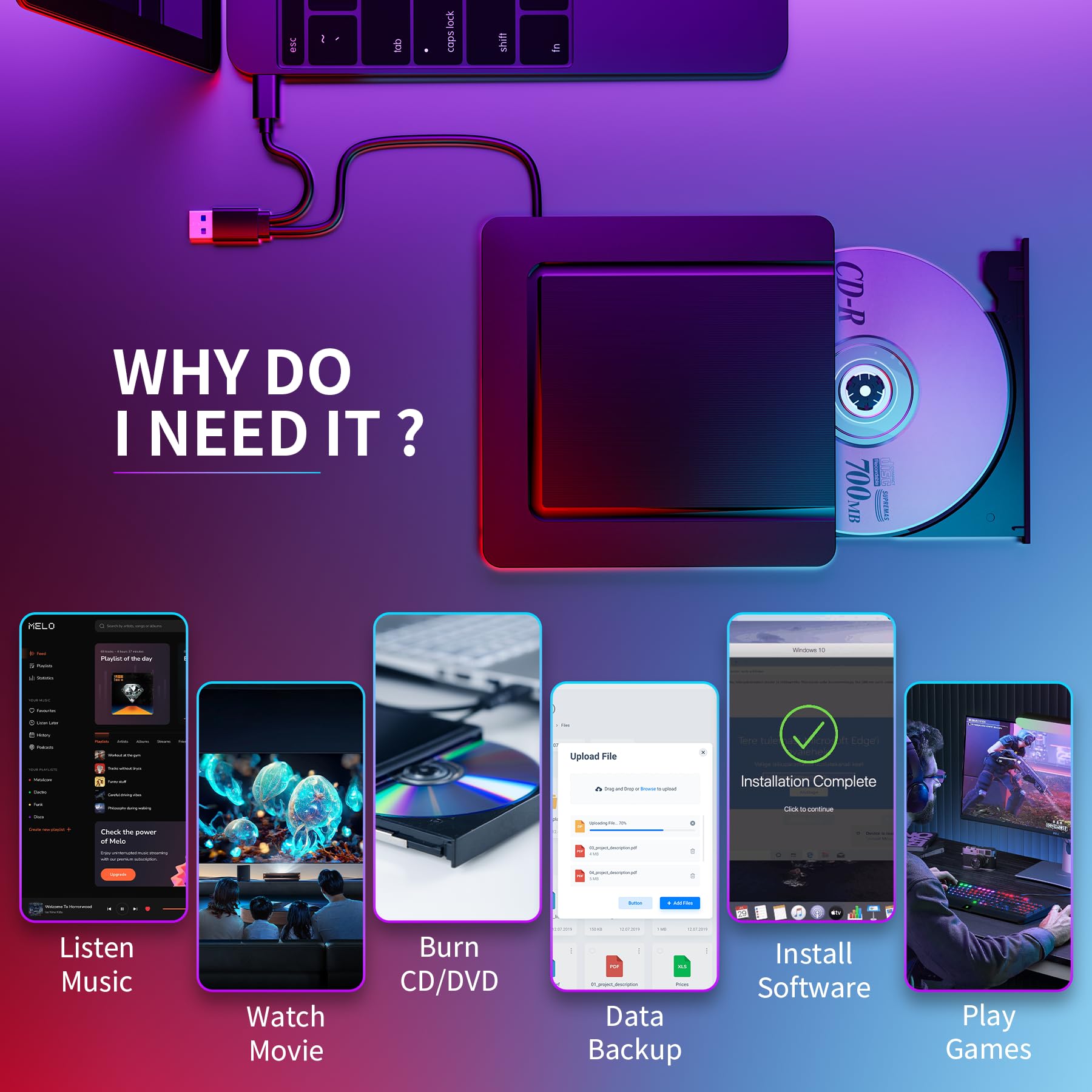 Zewnętrzny napęd CD/DVD z torbą do przechowywania, czytnik DVD USB 3.0 +/-RW-Rom, kompatybilny z laptopem, komputerem stacjonarnym Mac, Windows 11/10/8/7