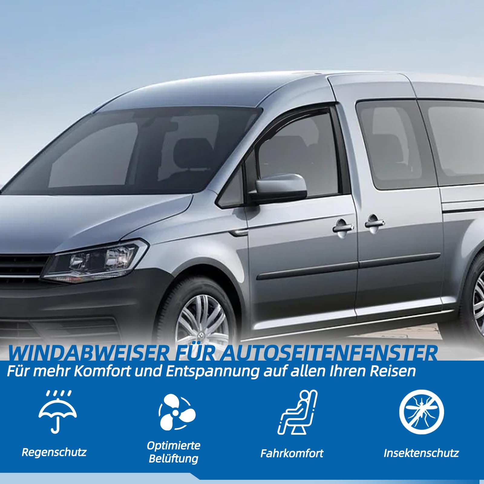 Zweiteiliger Fenster-Regenabweiser für Volkswagen Caddy(2005–2018). Einteiliger Windabweiser, Regen- und Windabweiser, einfach zu montieren, Schwarz
