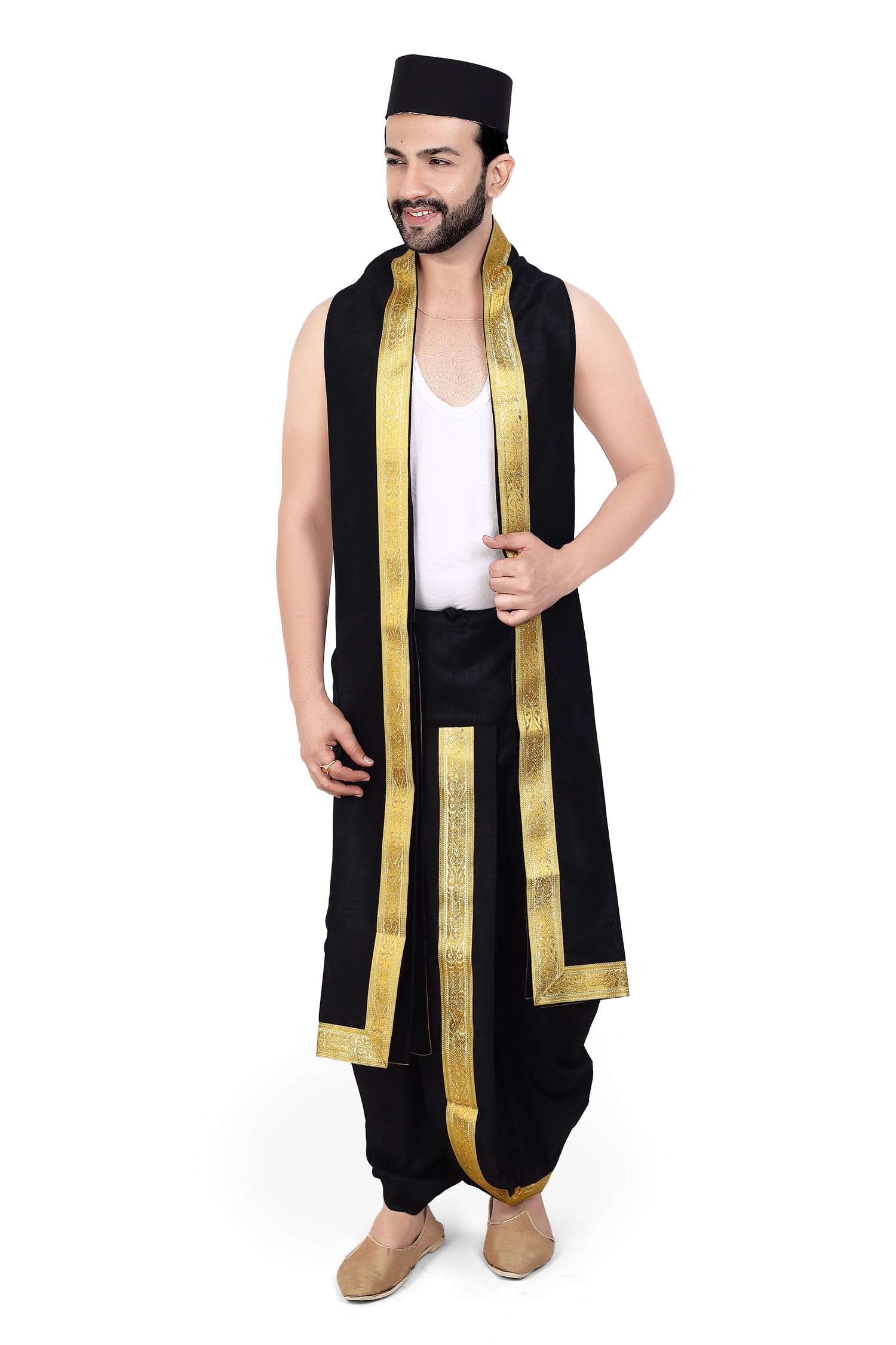 Premium Men's Traditional Wedding Collection (Topi With Dhoti Dupatta Set) For Diwali & Wedding And Traditional Function [Black And Black, Waist - Free Size And Height 42 Inch]-image-46