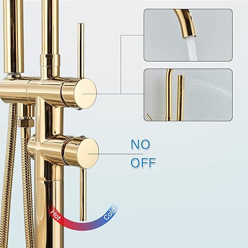 Miniatura 2 de YAGATAP Grifo de bañera independiente para montaje en el suelo, grifos de ducha de alto flujo dorado pulido con grifos mezcladores de ducha de mano,