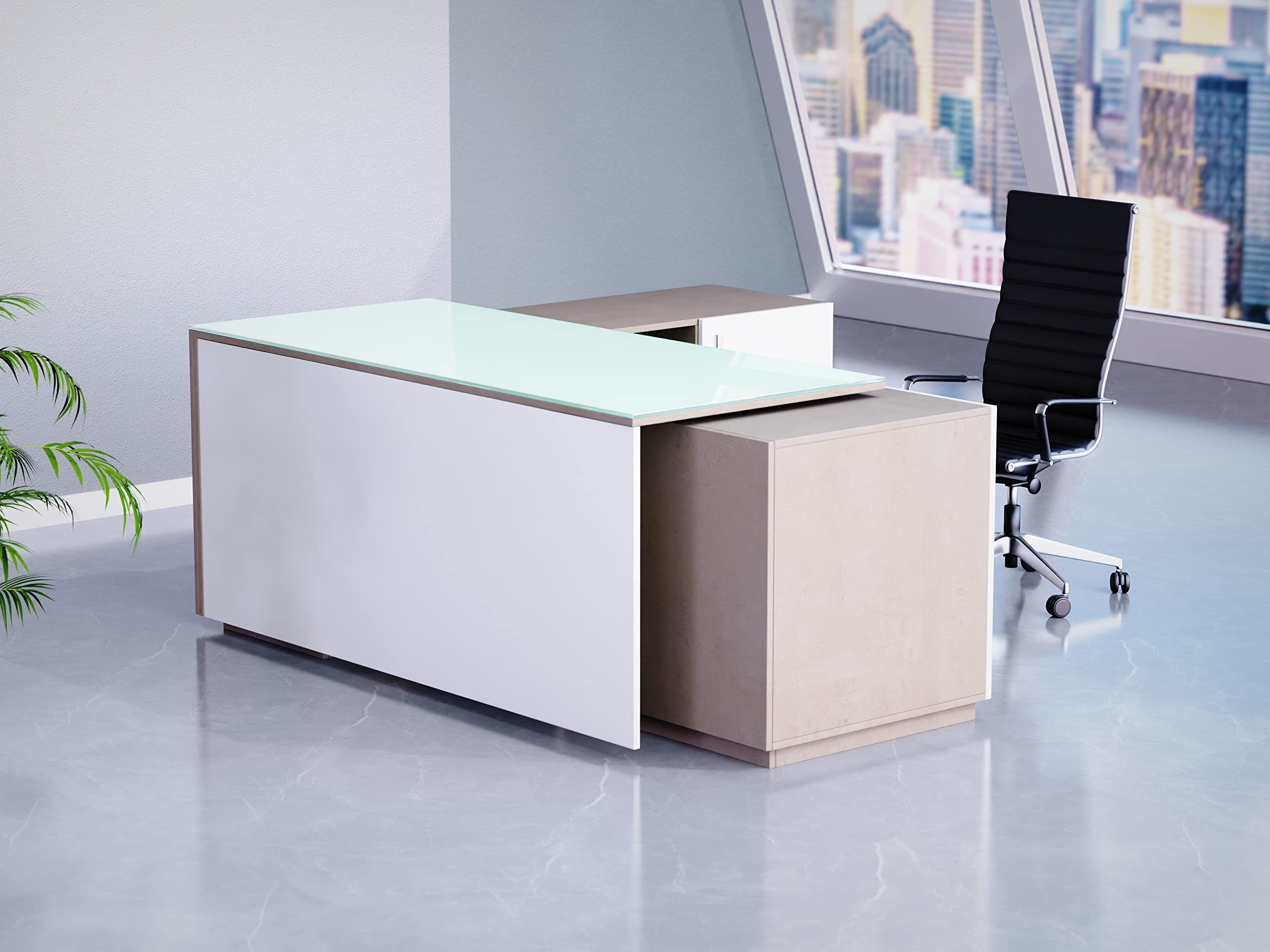 Mahmayi Specialties L Shaped Glass Executive Table with Storage Shelves and Cabinet for Home & Office Contemporary Style L Shaped Computer Desk - Concrete/White Light Concrete White Glass-Style 3