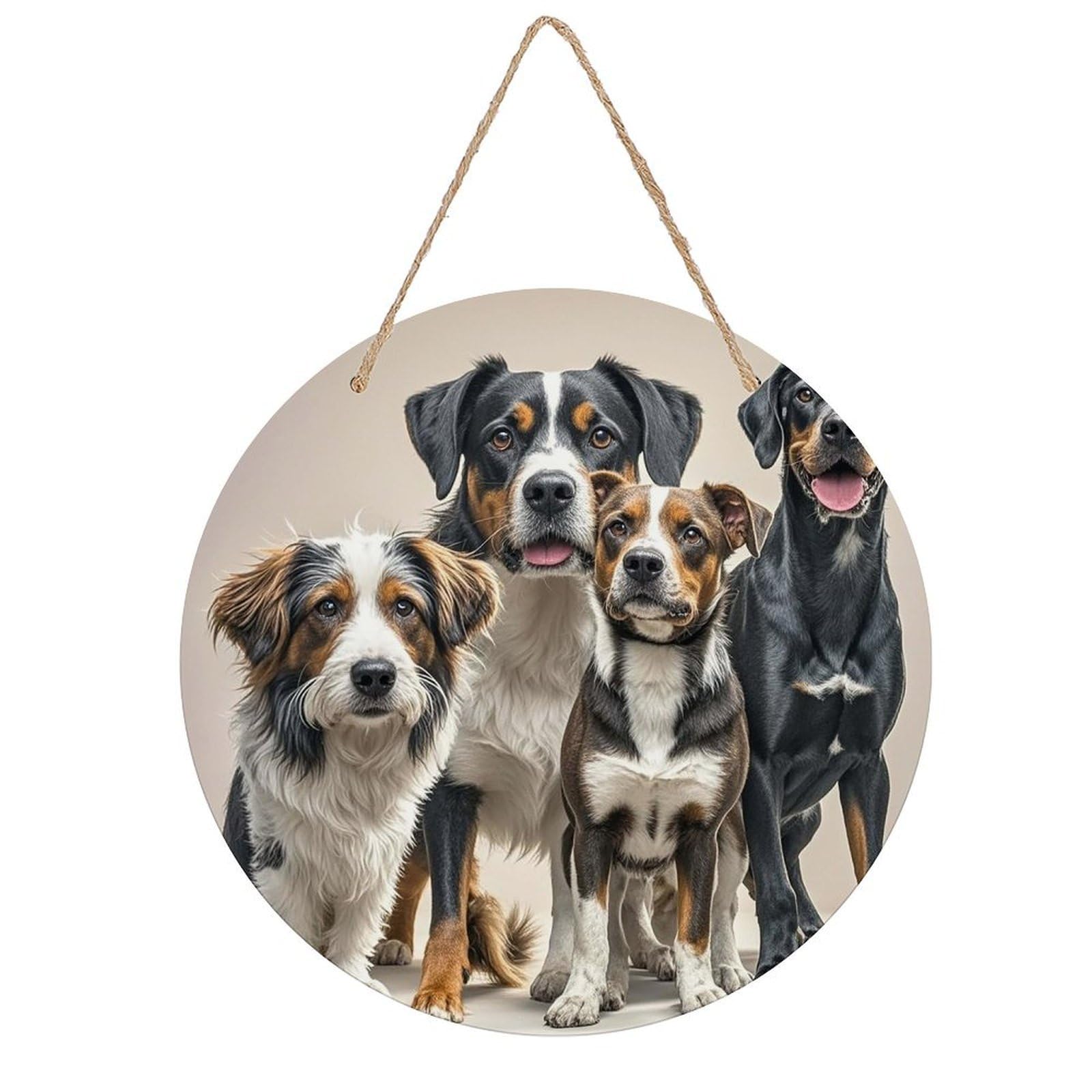 LZQPOEAS Dogs Wall Art Decor Round Wood Hanging Sign Rustic Vintage Wooden Door Hanger with Ropes Decorative Plaque Welcome Sign for Home Indoor Outdoor, 7.9x7.9 in