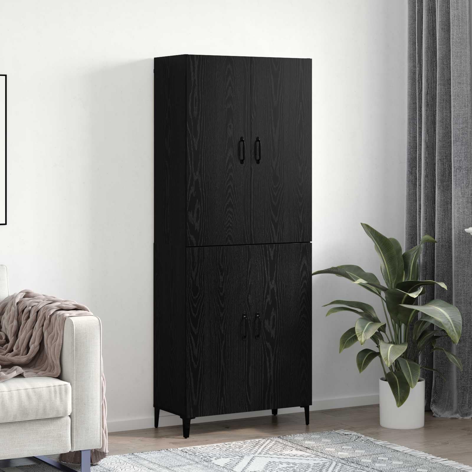 Buffet haut noir aspect chêne en bois avec 4 portes à charnières, hauteur de 180 cm, charge maximale de 120 kg, buffet moderne avec espace de rangement, idéal pour salon, salle à manger et