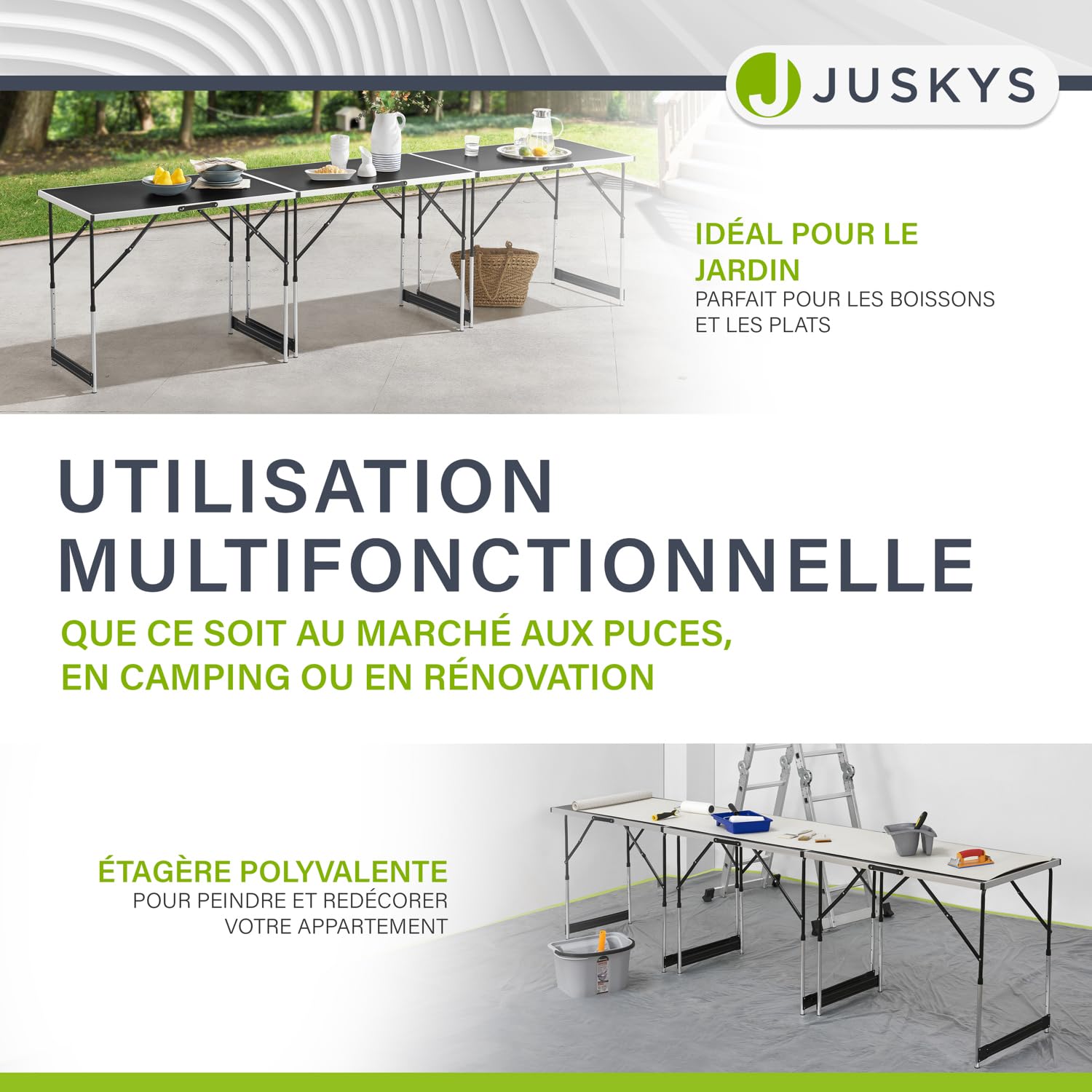 Juskys Table Multifonction 3 pièces - Pliable, réglable en Hauteur - Table à tapisser Pliante en Aluminium 100 x 60 cm - marché aux puces - Noire