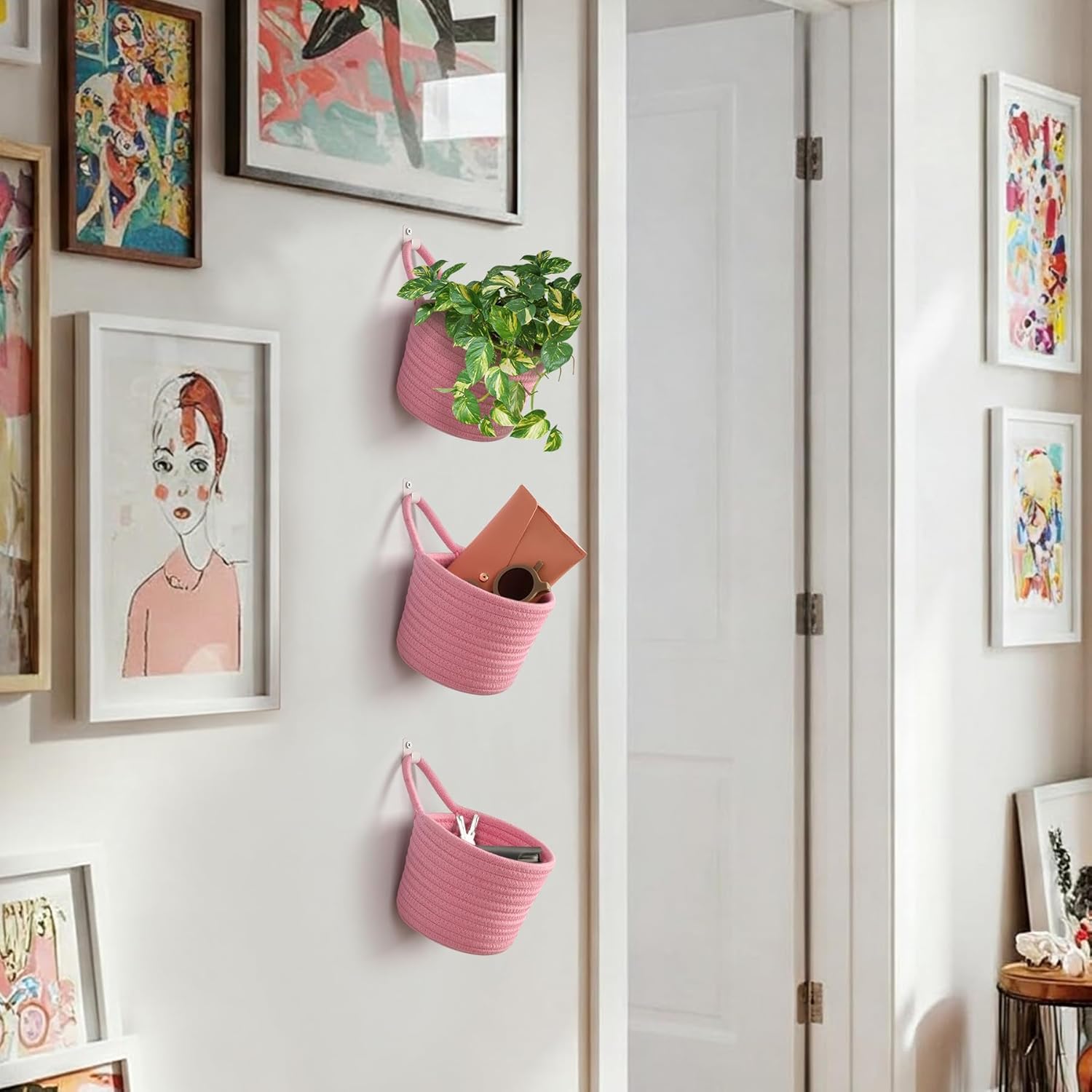 Fabric Wall Hanging Baskets - 3Pack Woven Pouchs Boho Style Wall Mounted Bag with Adhesive Hooks, Storage Organizers and Decoration Pocket Caddy Bins on Door Rack (Bright Pink & White, Large) - Image 6