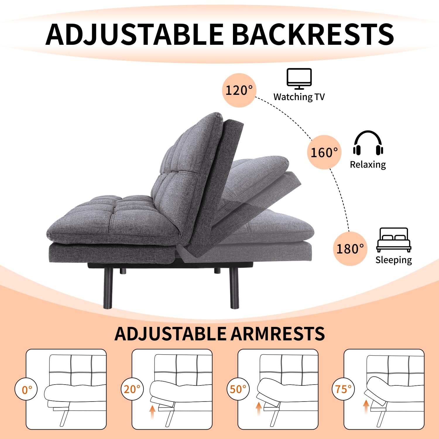 MUUEGM Futon Sofa Bed 71" Gunmetal Convertible Memory Foam Futon Couch Bed Modern Loveseat Sleeper with Adjustable Backrests Armrests for Living Room,Small Space,Office