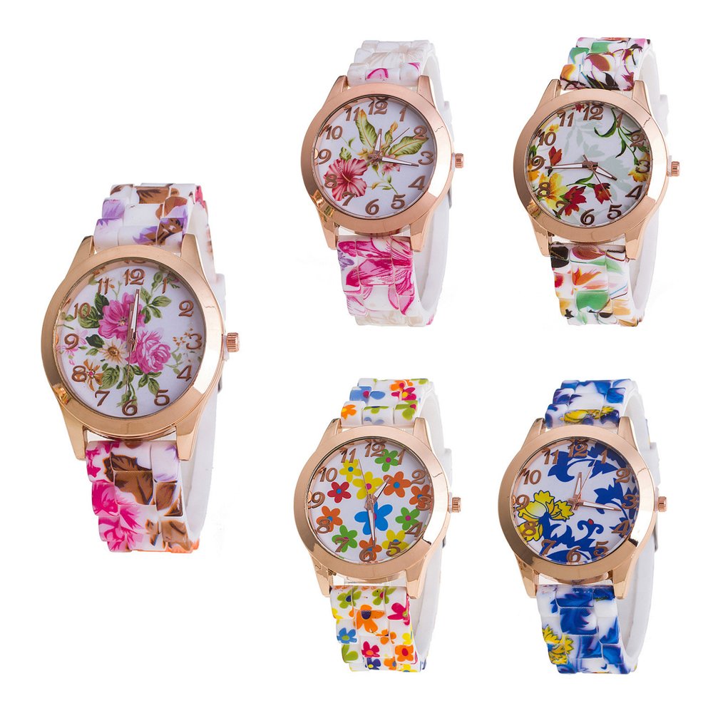 Relojes analógicos de silicona con esfera floral para mujer, números en tono oro rosa (paquete de 5), Rosado, Moderno